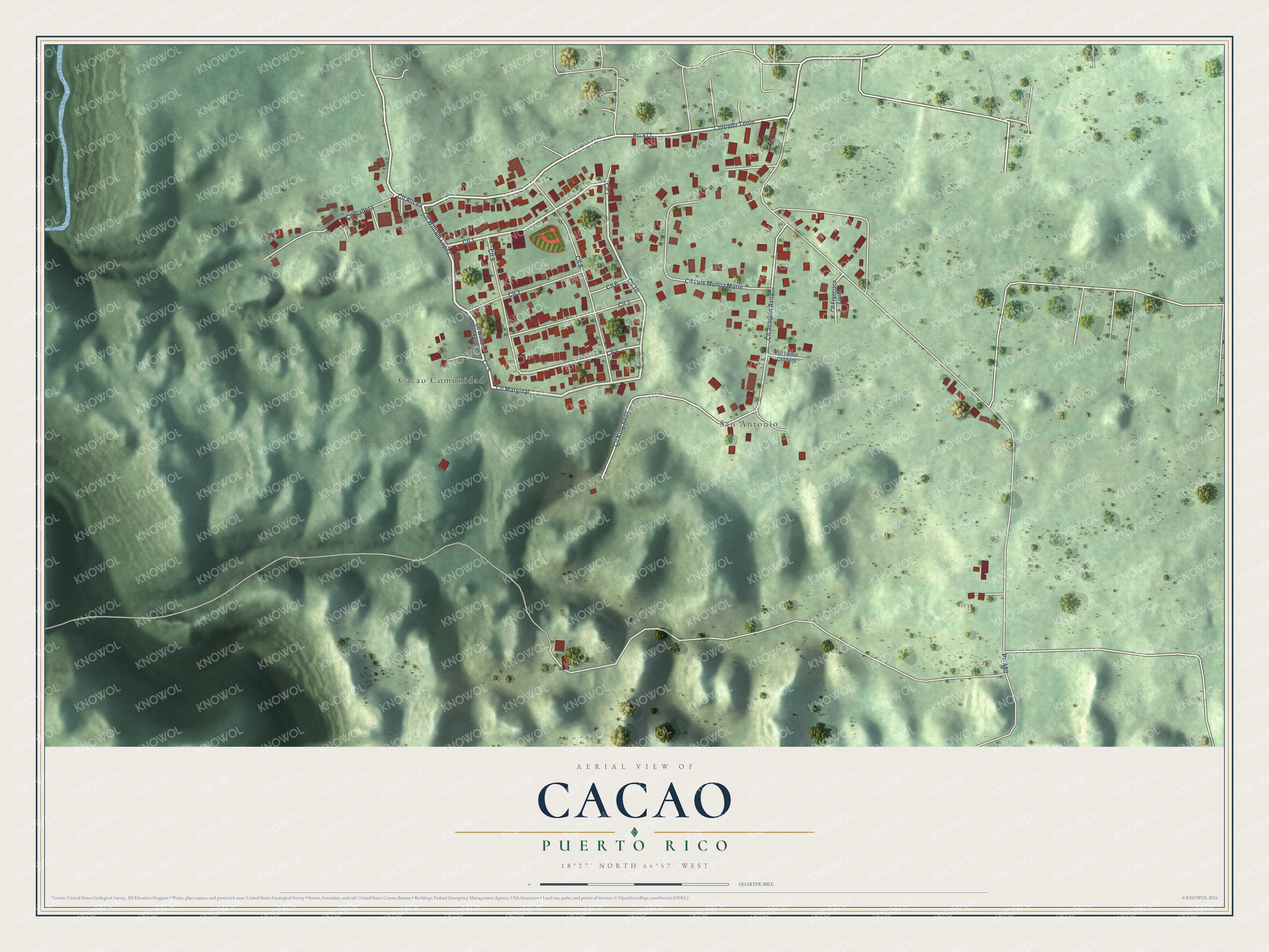 Full map of Cacao, Puerto Rico, with red buildings, printed street names and the land around them