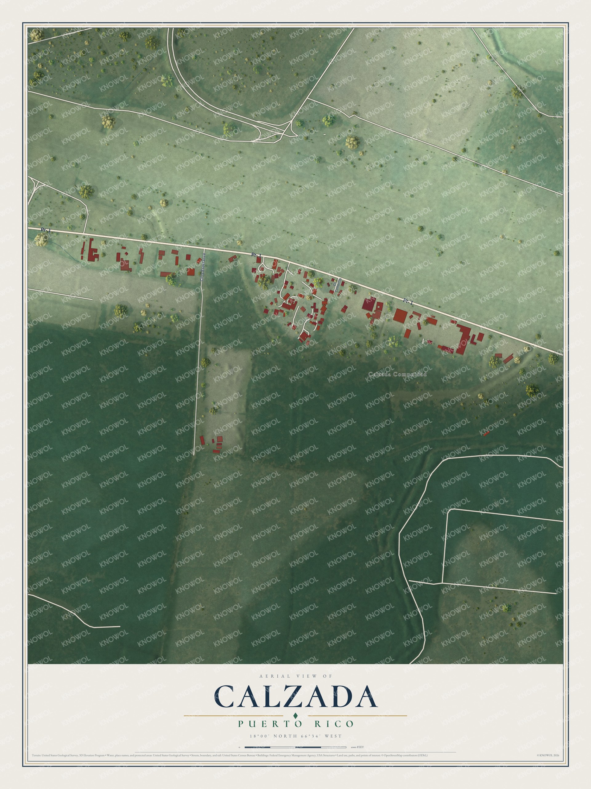 Full map of Calzada, Puerto Rico, with red buildings, printed street names and the land around them