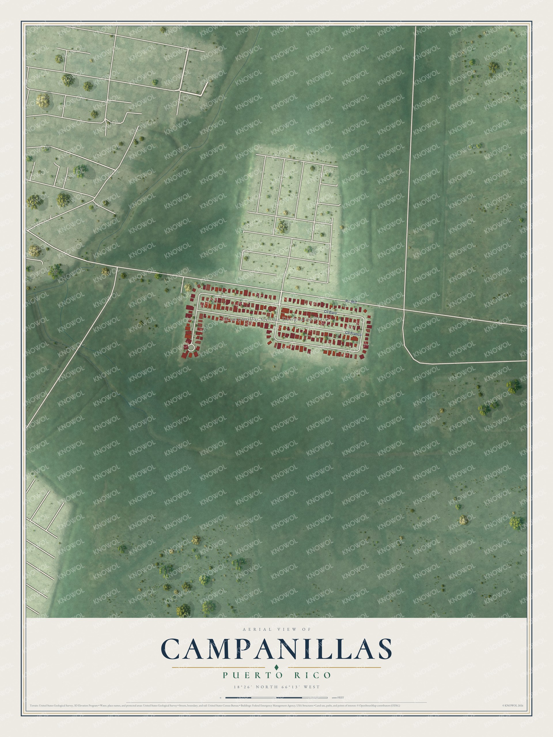Full map of Campanillas, Puerto Rico, with red buildings, printed street names and the land around them