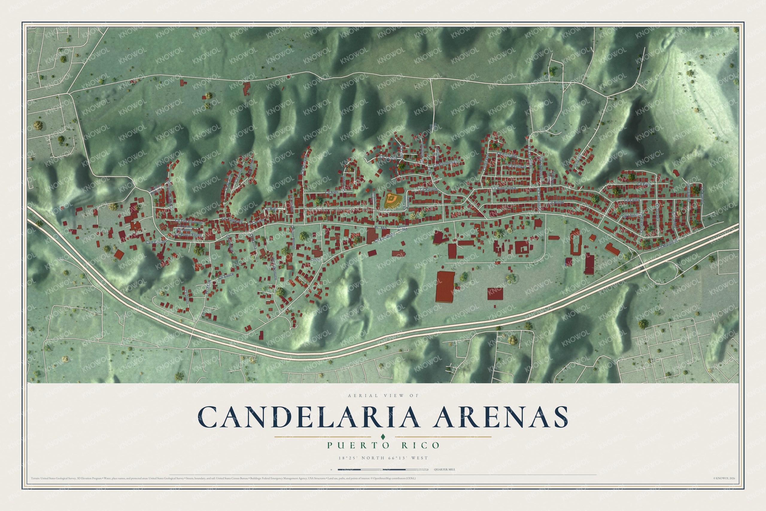 Full map of Candelaria Arenas, Puerto Rico, with red buildings, printed street names and the land around them