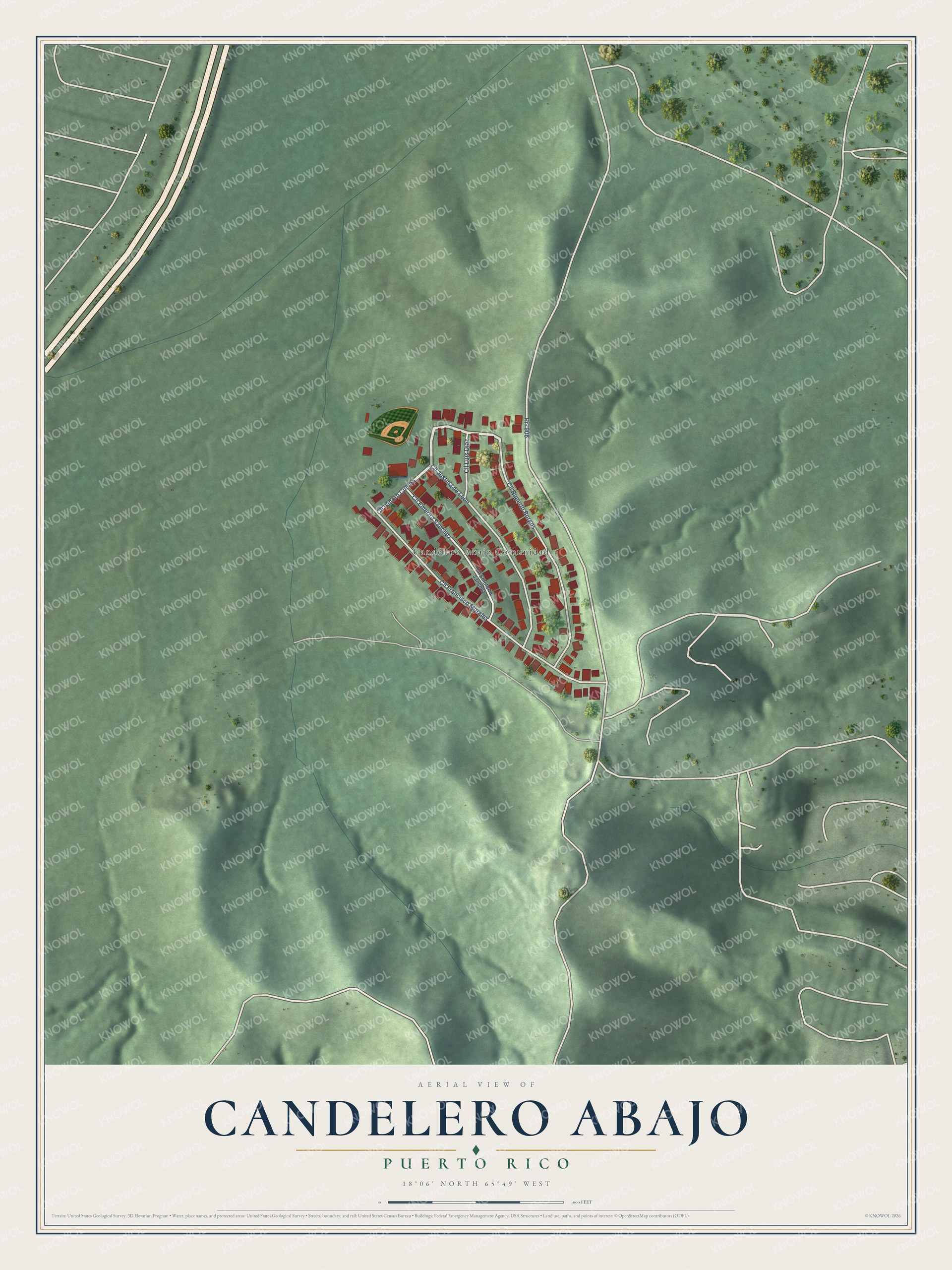 Full map of Candelero Abajo, Puerto Rico, with red buildings, printed street names and the land around them