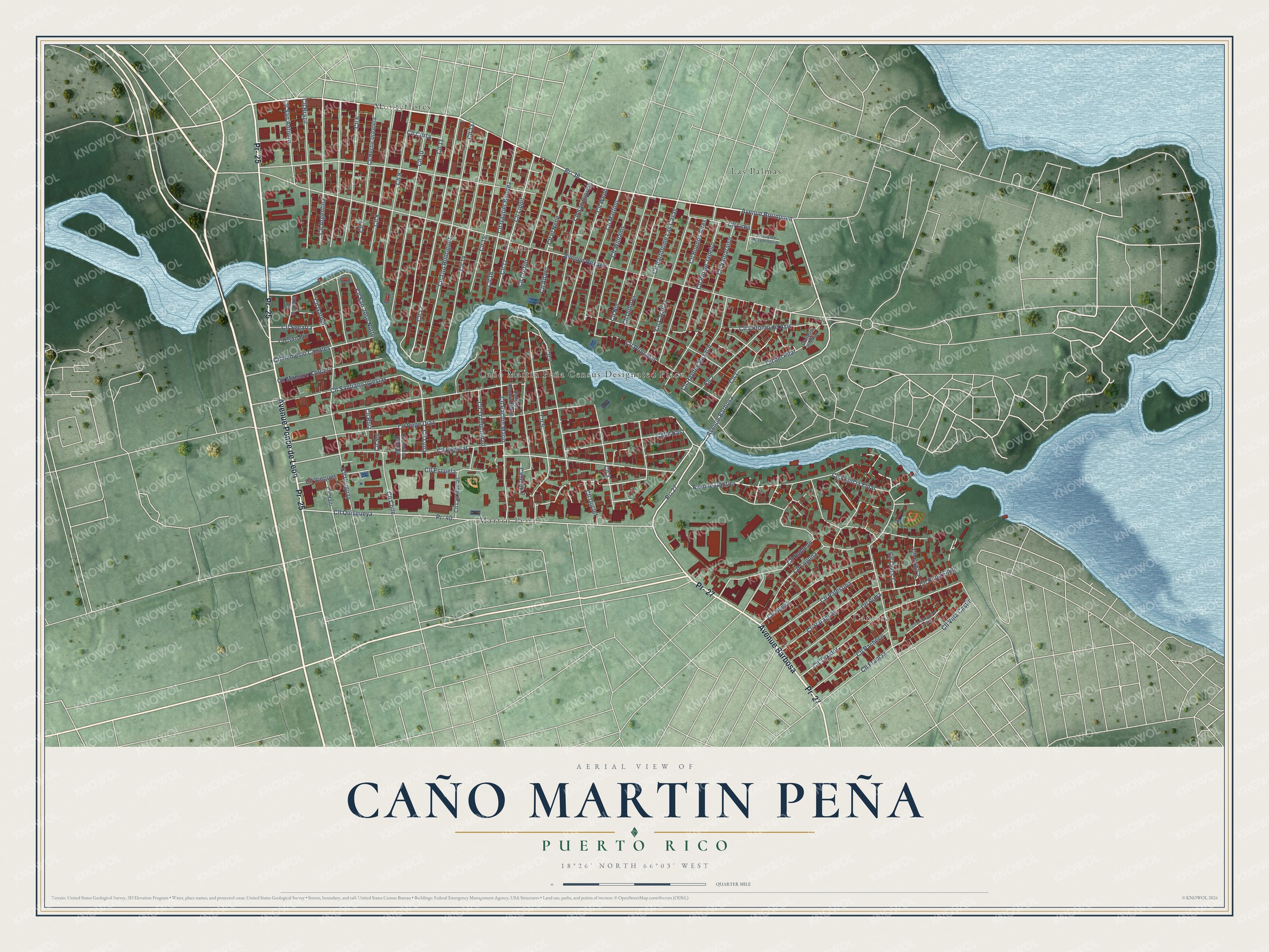 Full map of Caño Martin Peña, Puerto Rico, with red buildings, printed street names and the land around them