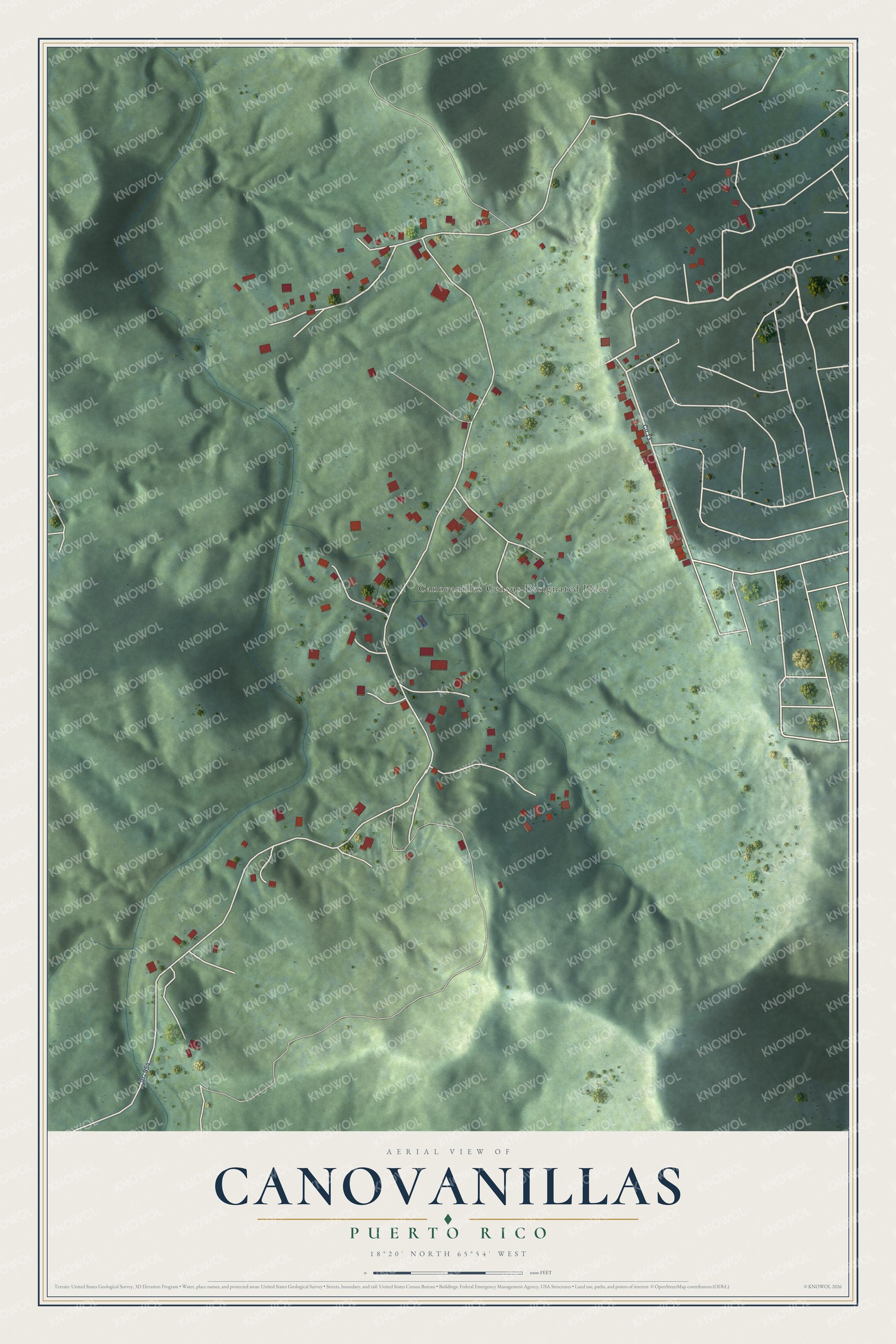 Full map of Canovanillas, Puerto Rico, with red buildings, printed street names and the land around them