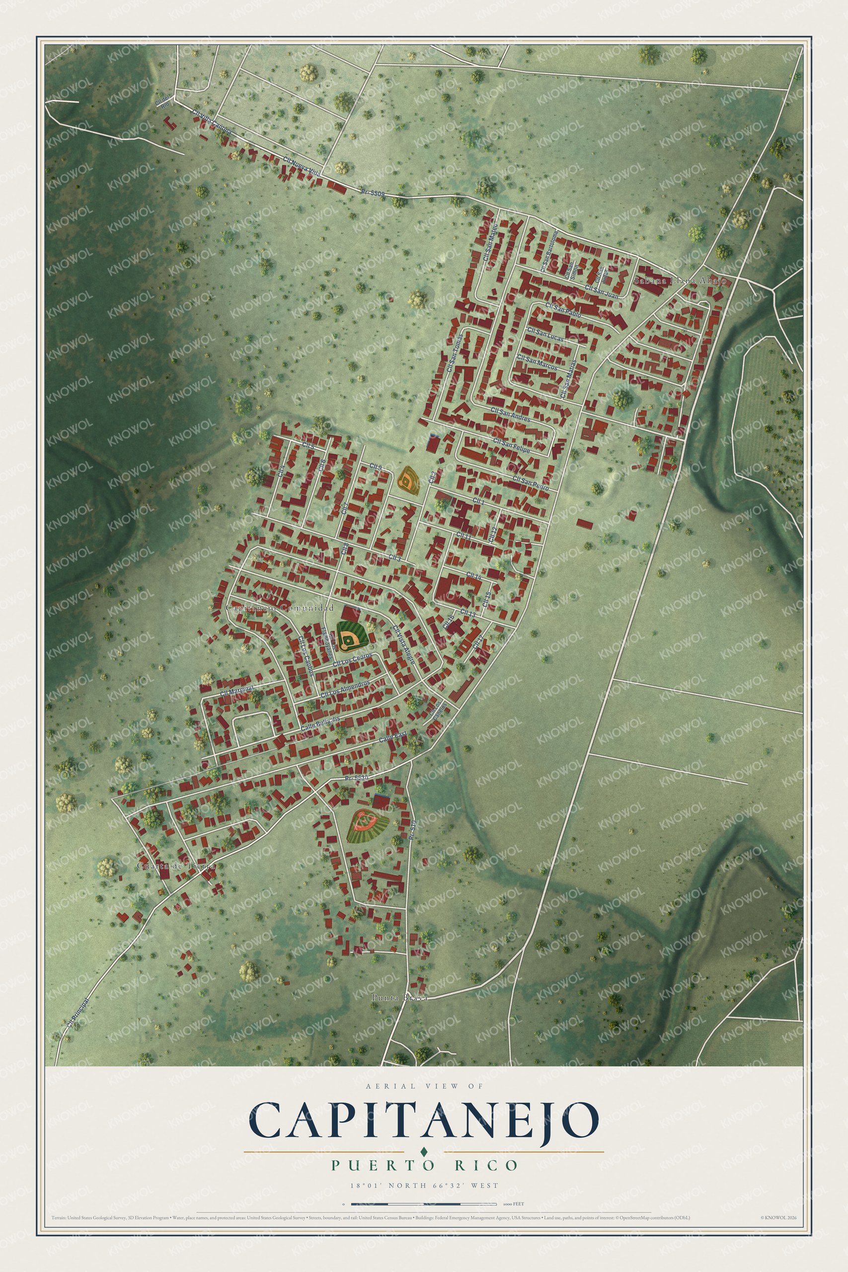 Full map of Capitanejo, Puerto Rico, with red buildings, printed street names and the land around them