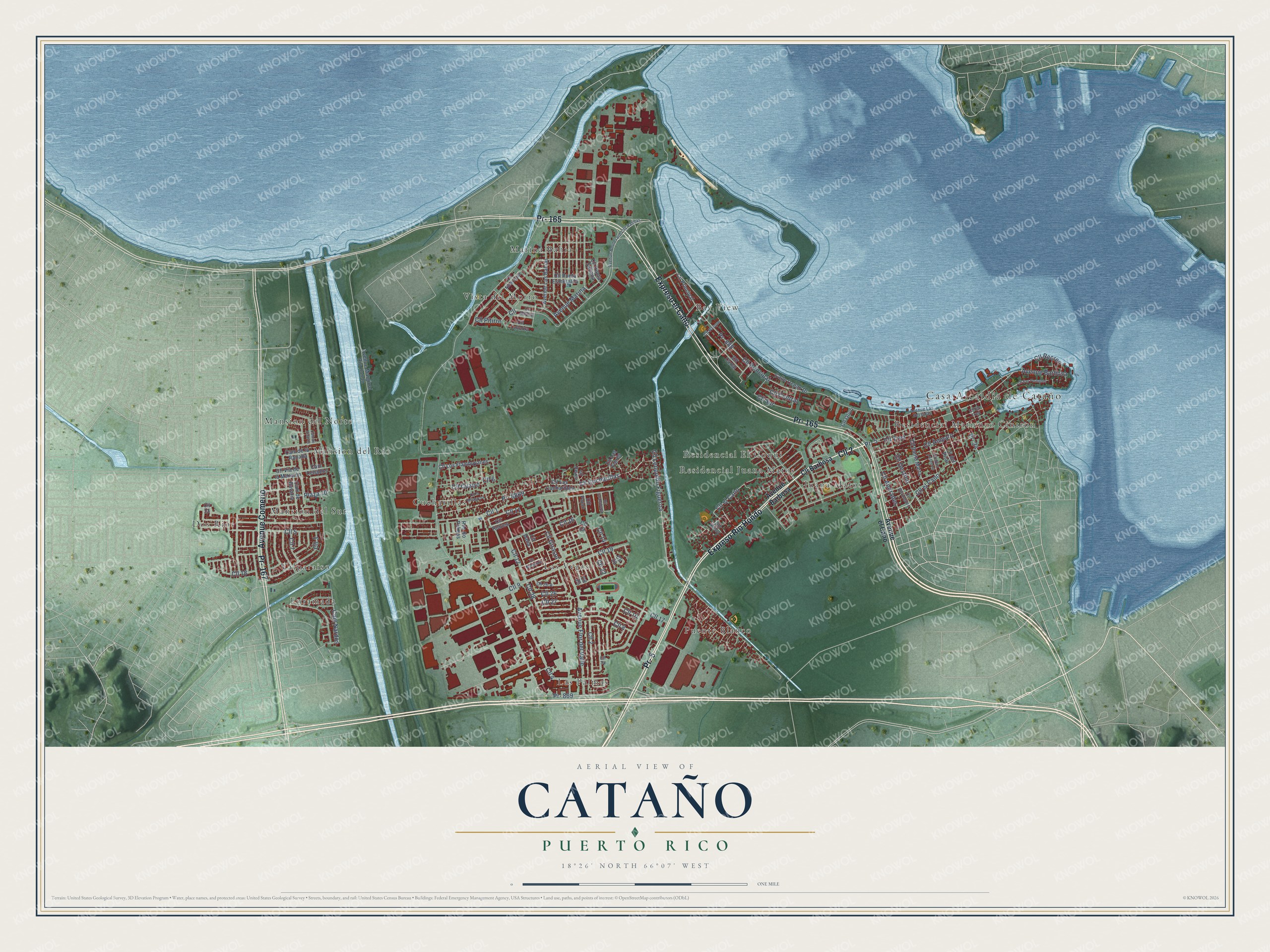 Full map of Cataño, Puerto Rico, with red buildings, printed street names and the land around them