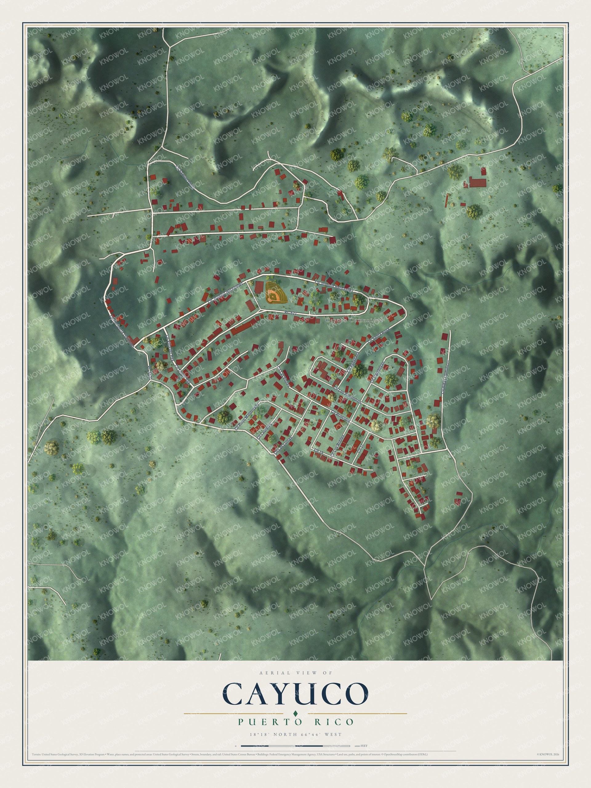 Full map of Cayuco, Puerto Rico, with red buildings, printed street names and the land around them