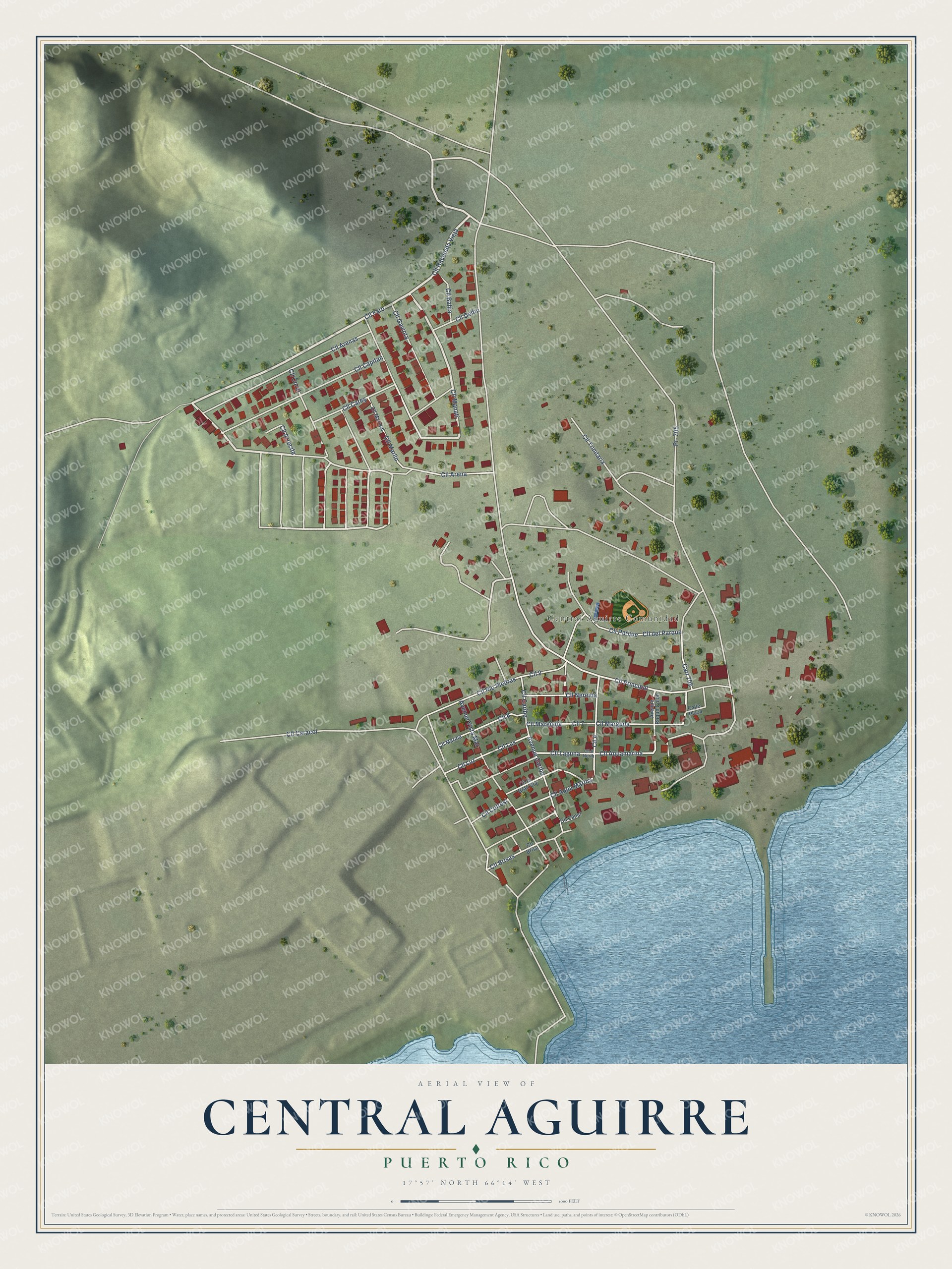 Full map of Central Aguirre, Puerto Rico, with red buildings, printed street names and the land around them