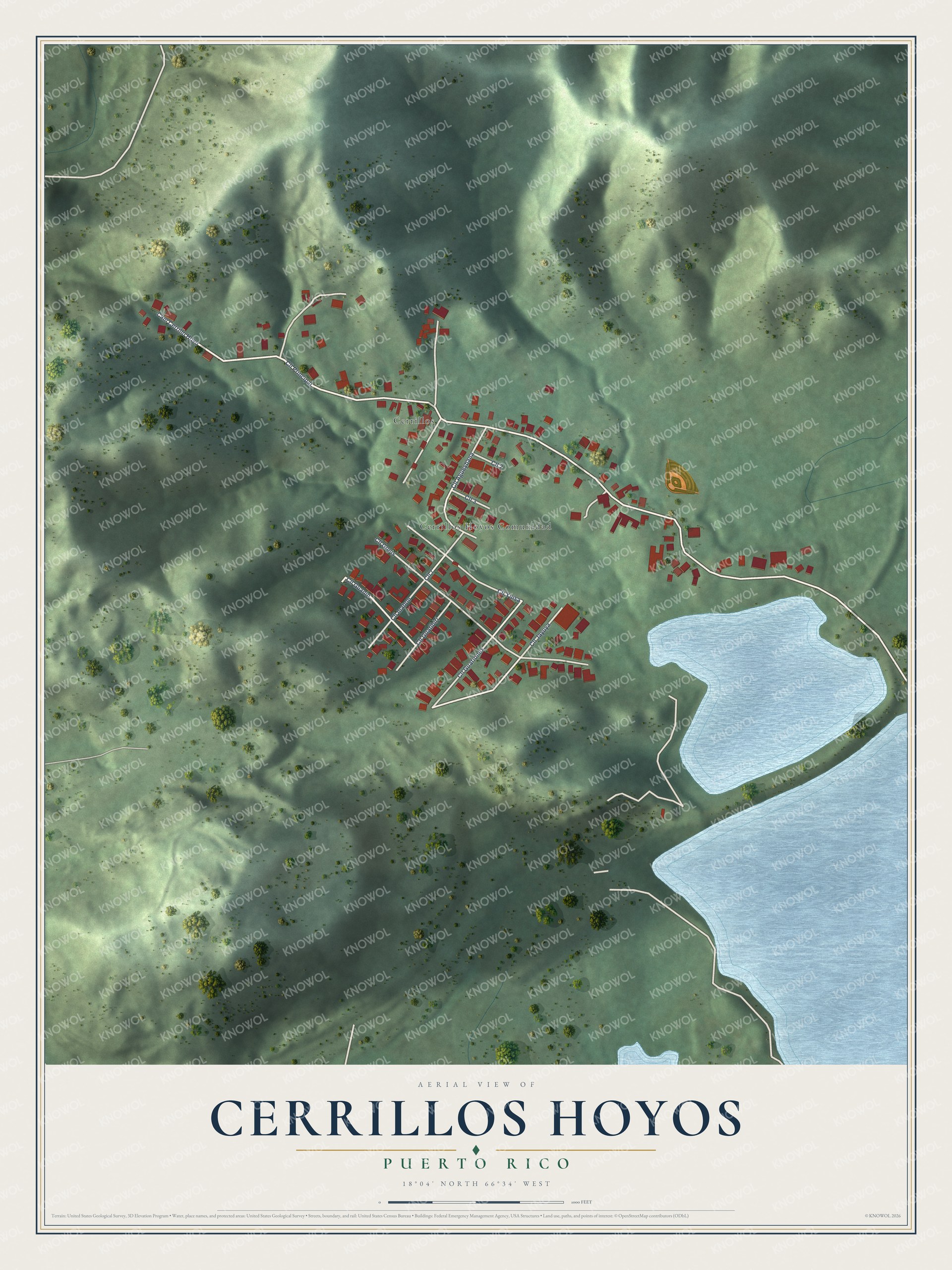 Full map of Cerrillos Hoyos, Puerto Rico, with red buildings, printed street names and the land around them
