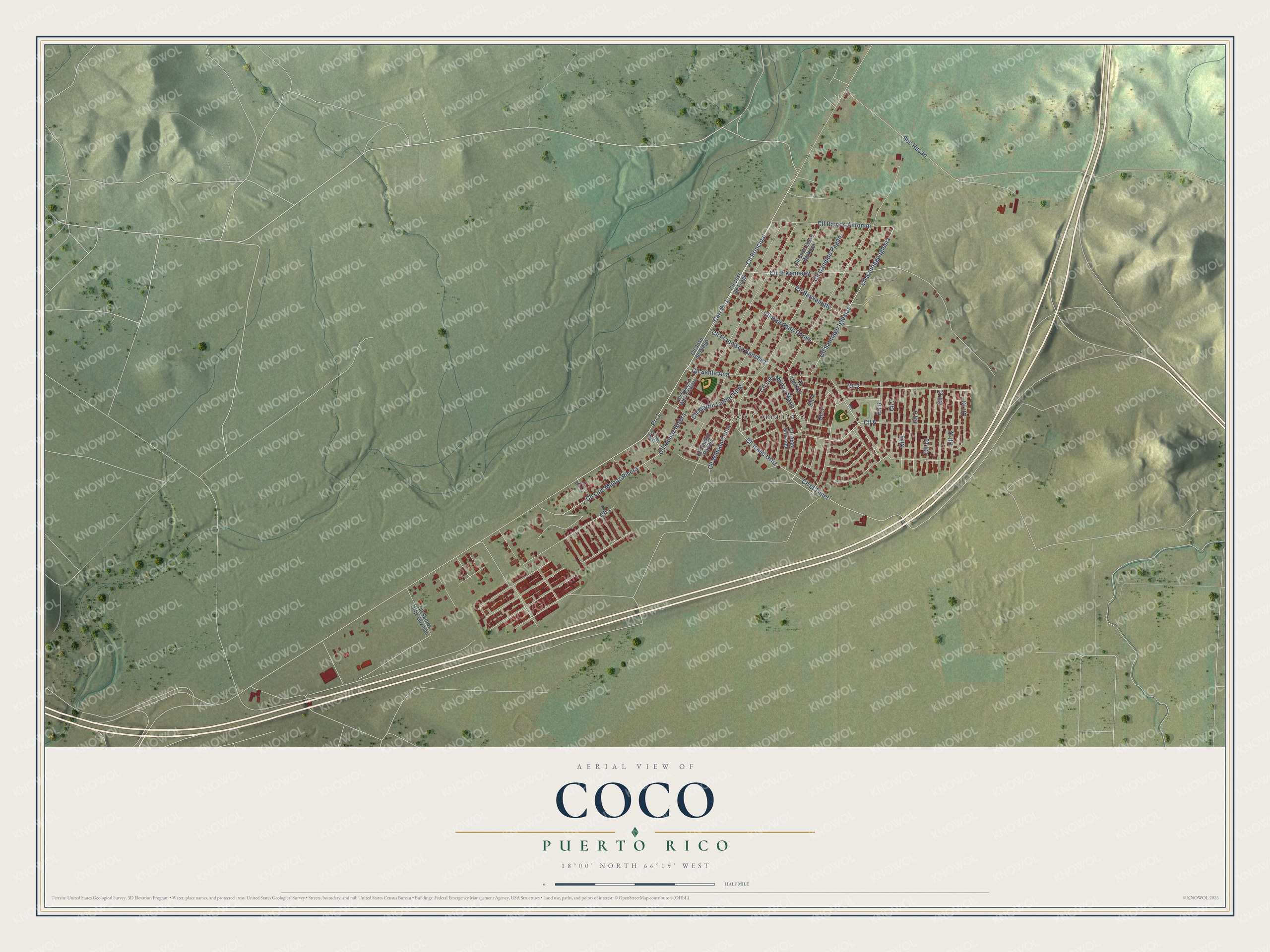 Full map of Coco, Puerto Rico, with red buildings, printed street names and the land around them