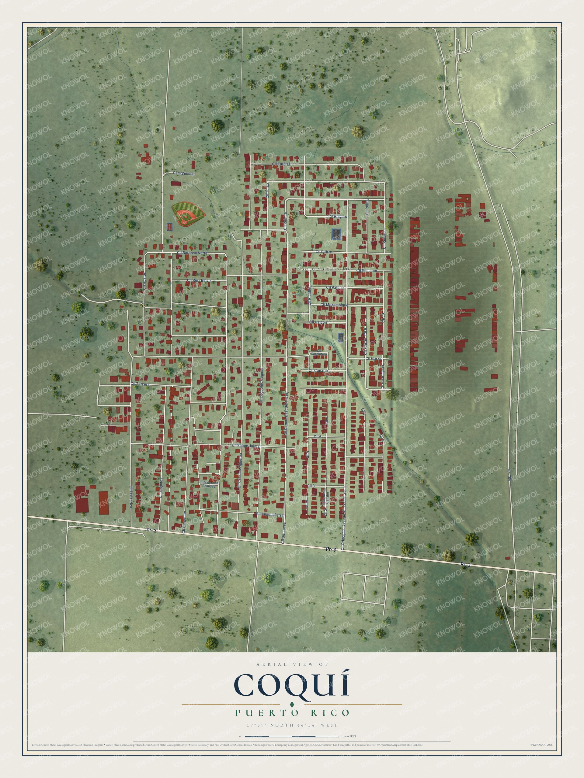 Full map of Coquí, Puerto Rico, with red buildings, printed street names and the land around them
