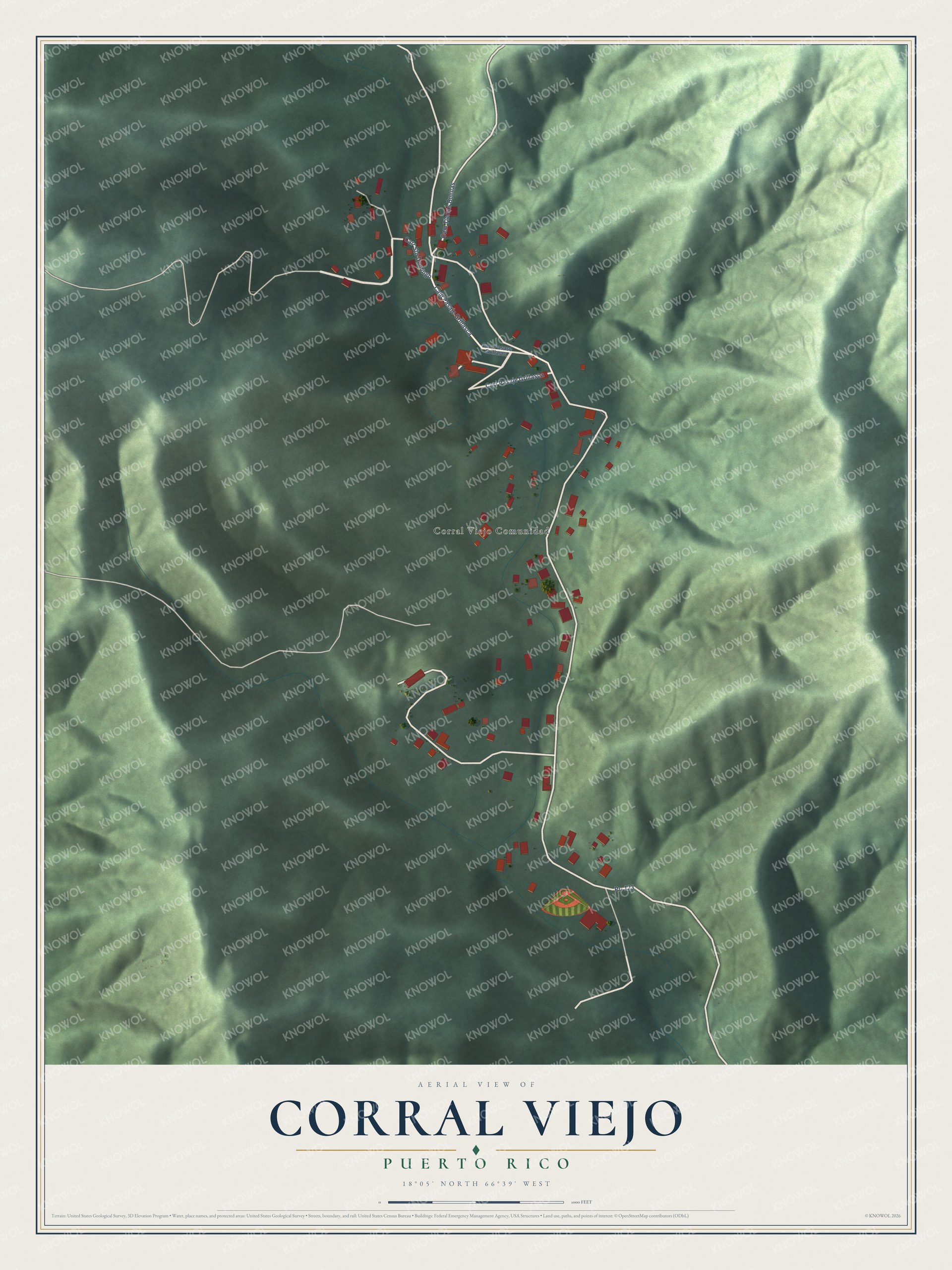 Full map of Corral Viejo, Puerto Rico, with red buildings, printed street names and the land around them