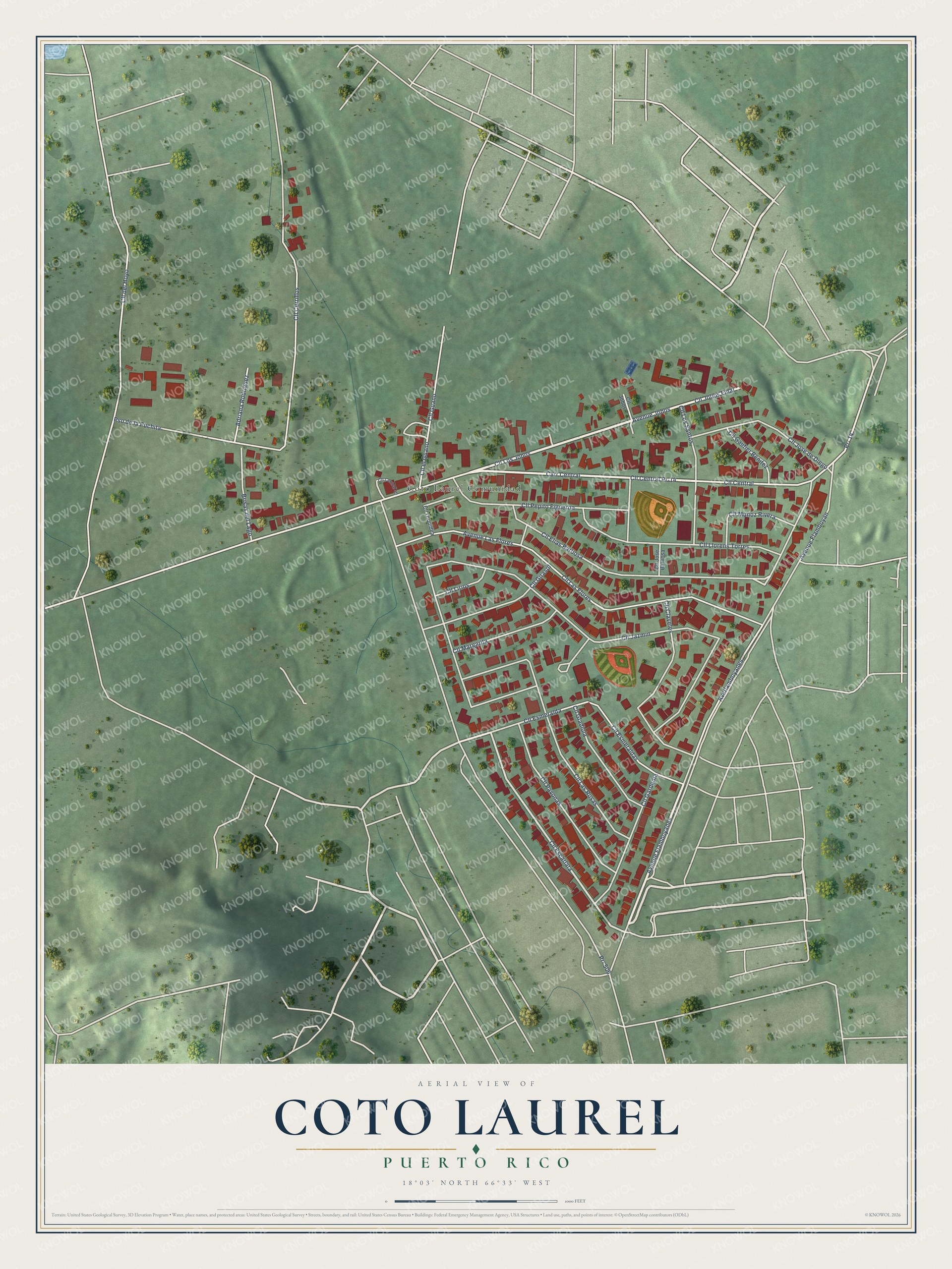 Full map of Coto Laurel, Puerto Rico, with red buildings, printed street names and the land around them