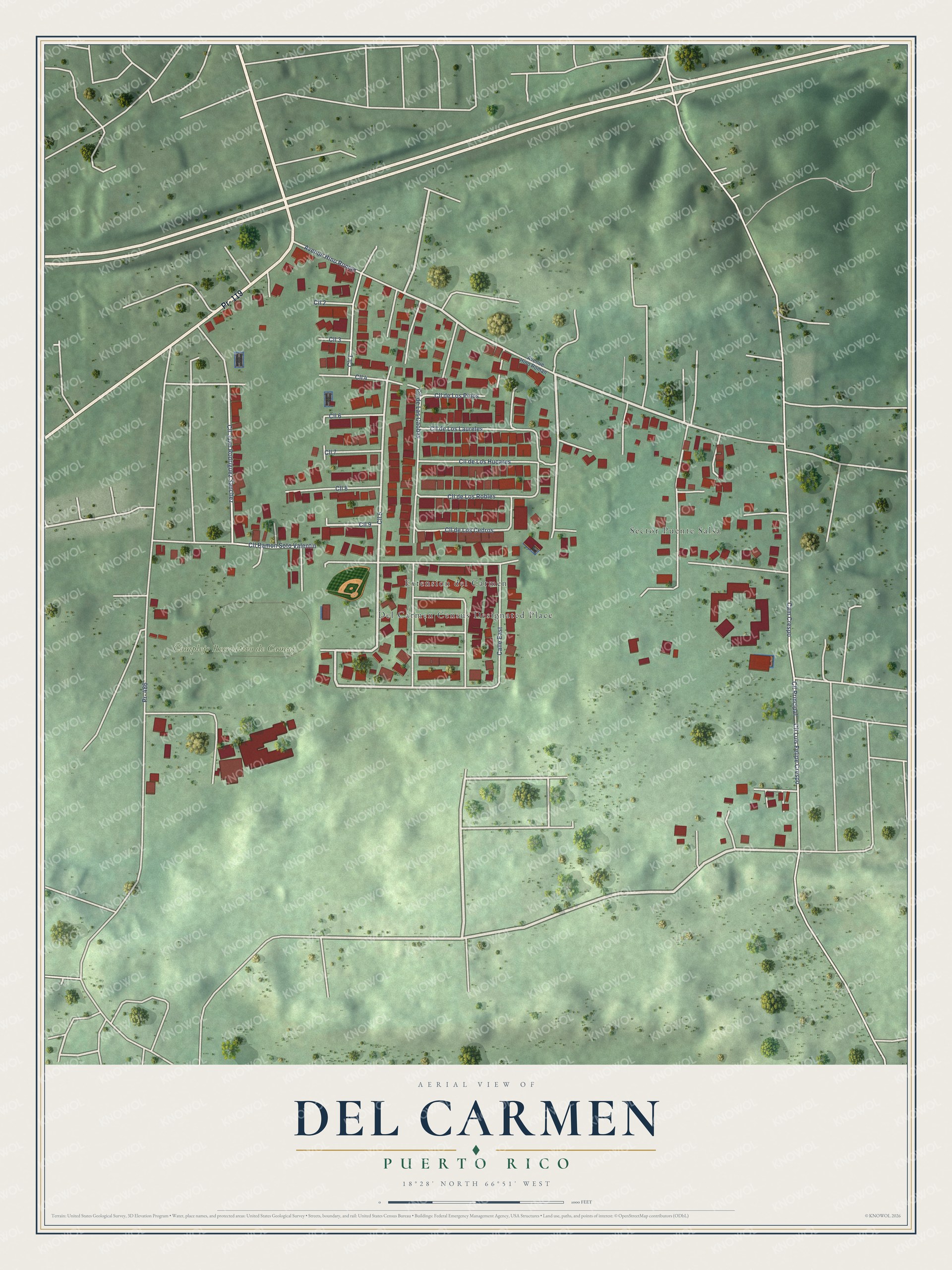 Full map of Del Carmen, Puerto Rico, with red buildings, printed street names and the land around them