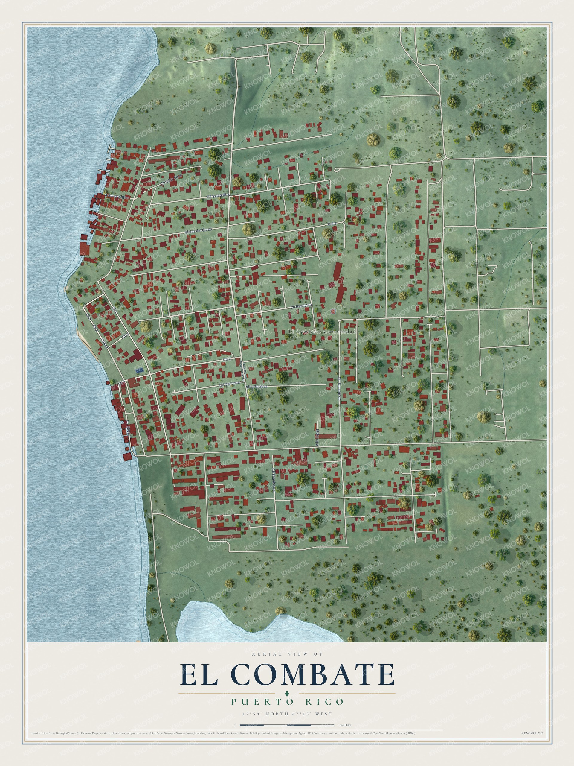 Full map of El Combate, Puerto Rico, with red buildings, printed street names and the land around them