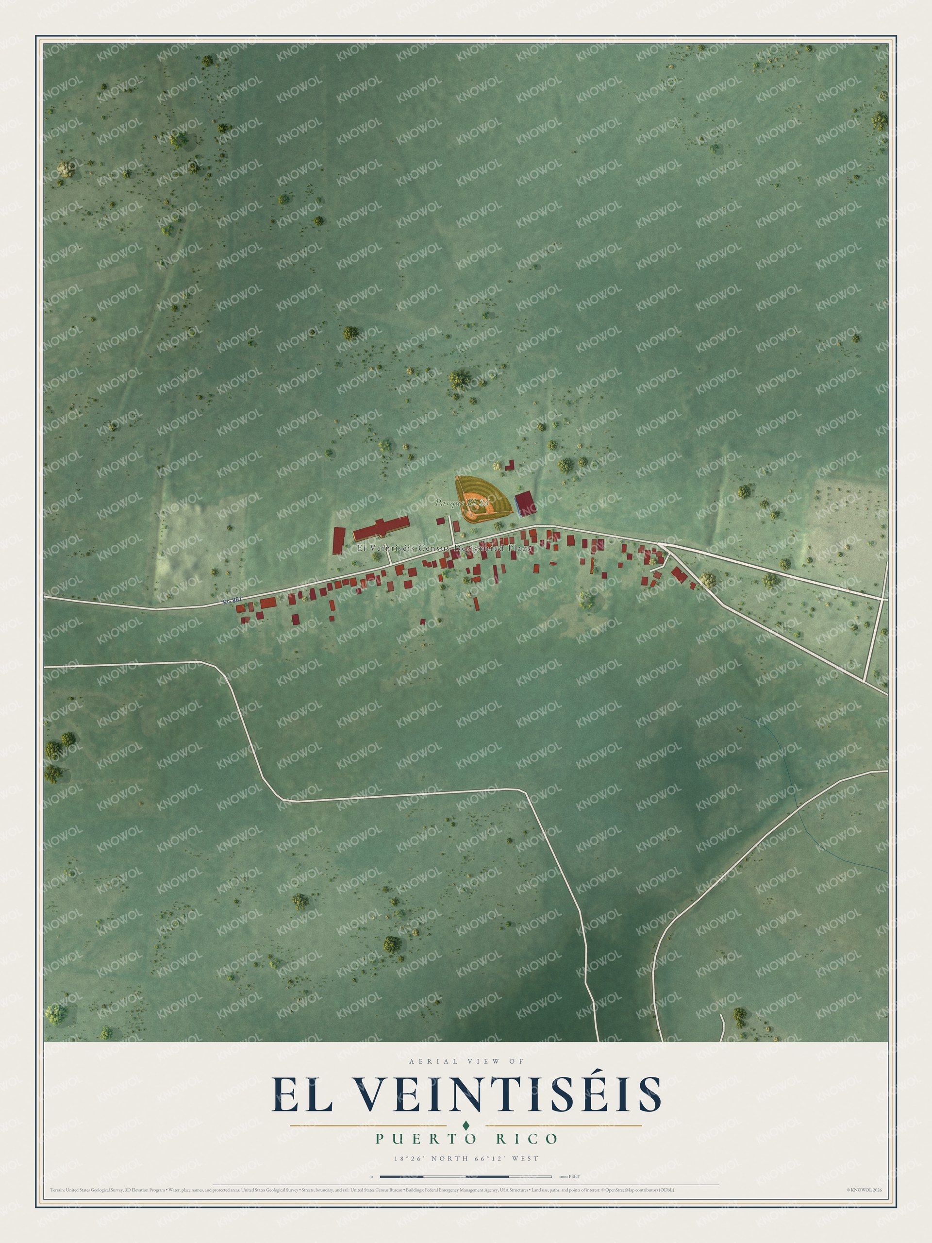 Full map of El Veintiséis, Puerto Rico, with red buildings, printed street names and the land around them