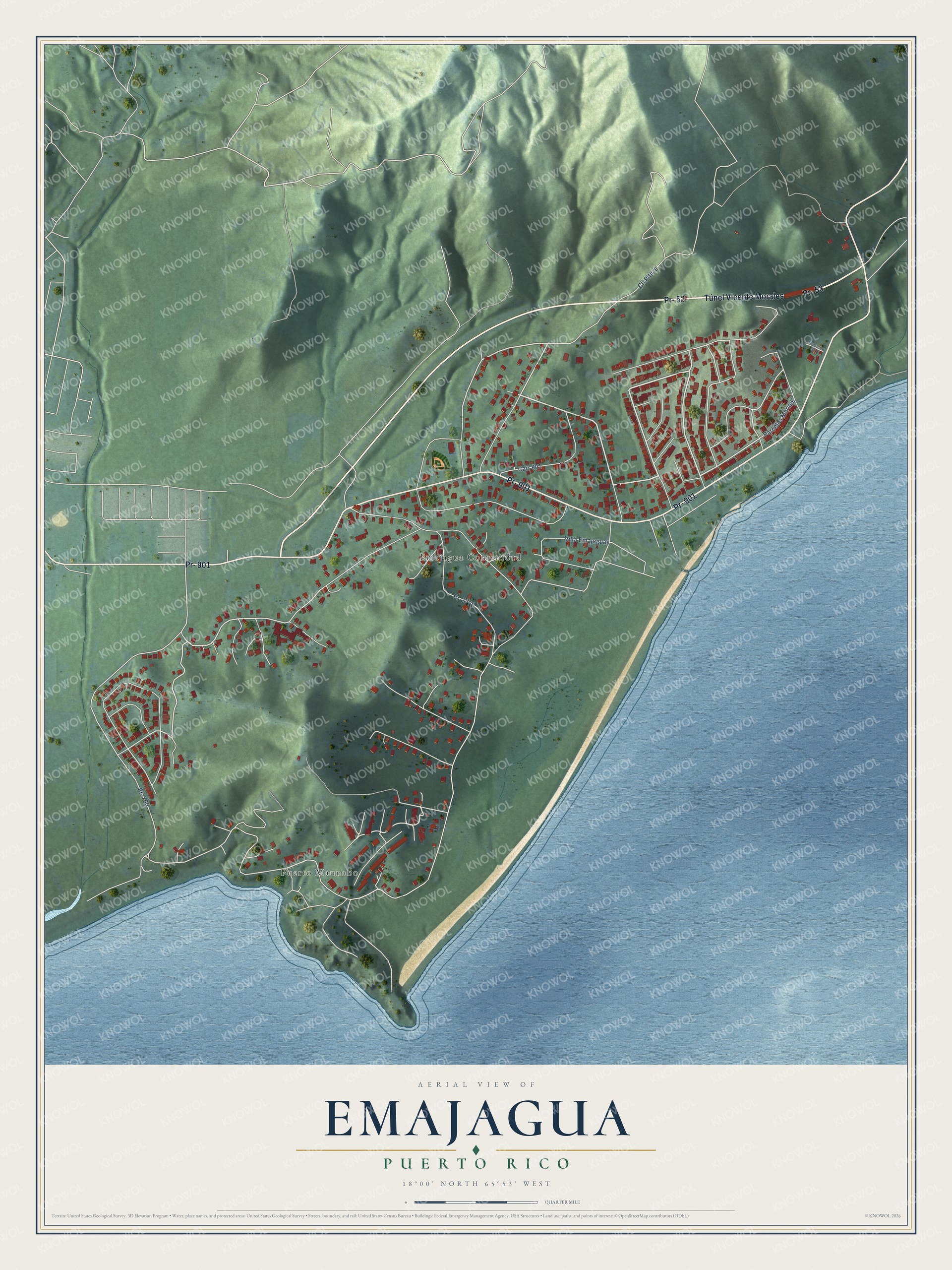 Full map of Emajagua, Puerto Rico, with red buildings, printed street names and the land around them