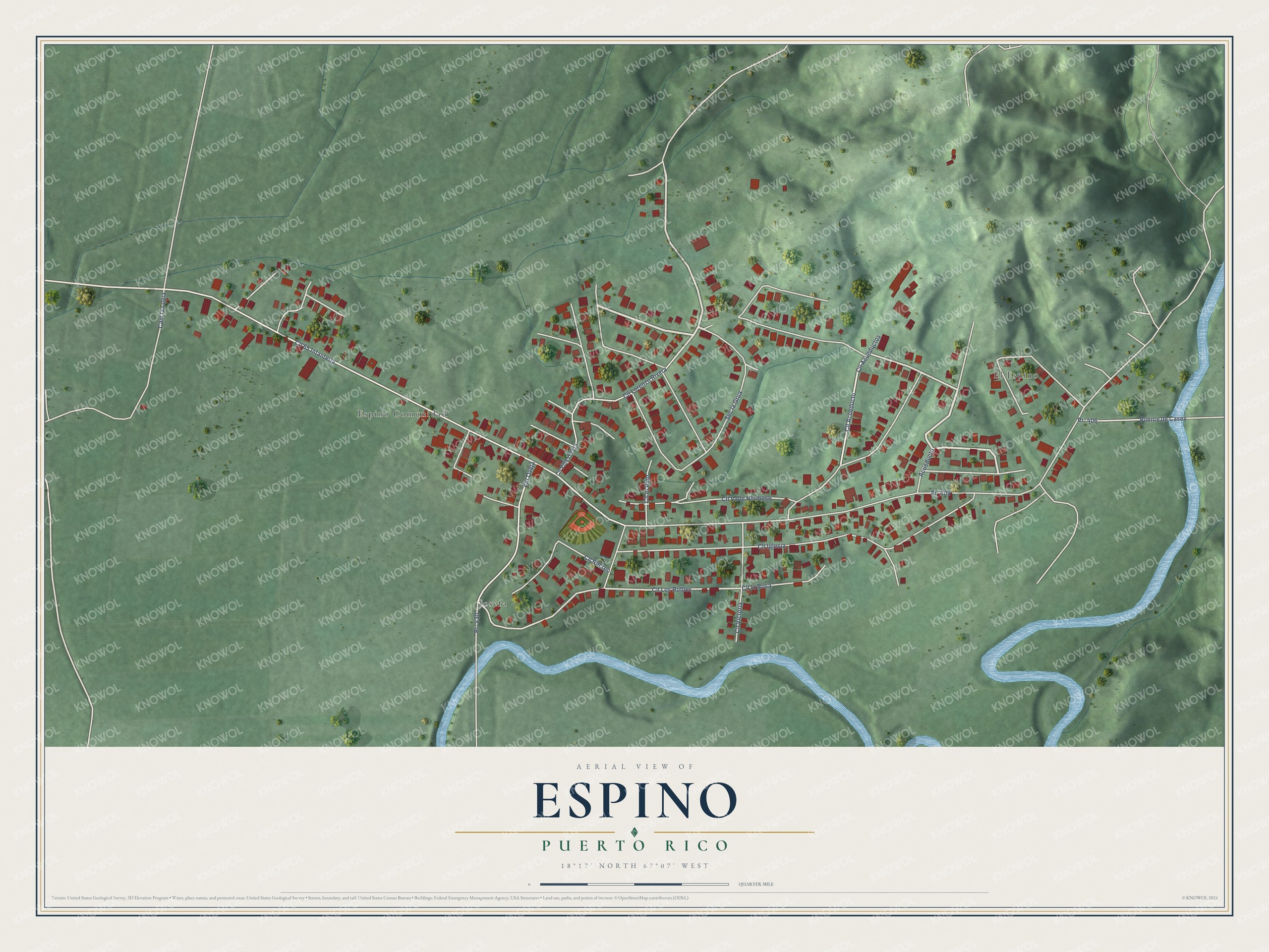 Full map of Espino, Puerto Rico, with red buildings, printed street names and the land around them