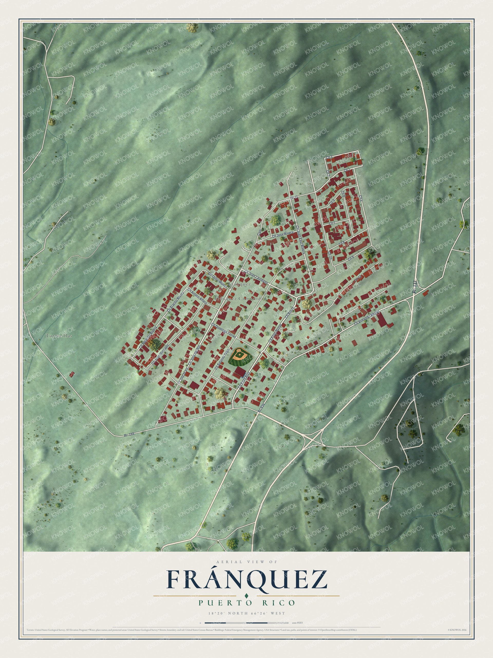 Full map of Fránquez, Puerto Rico, with red buildings, printed street names and the land around them