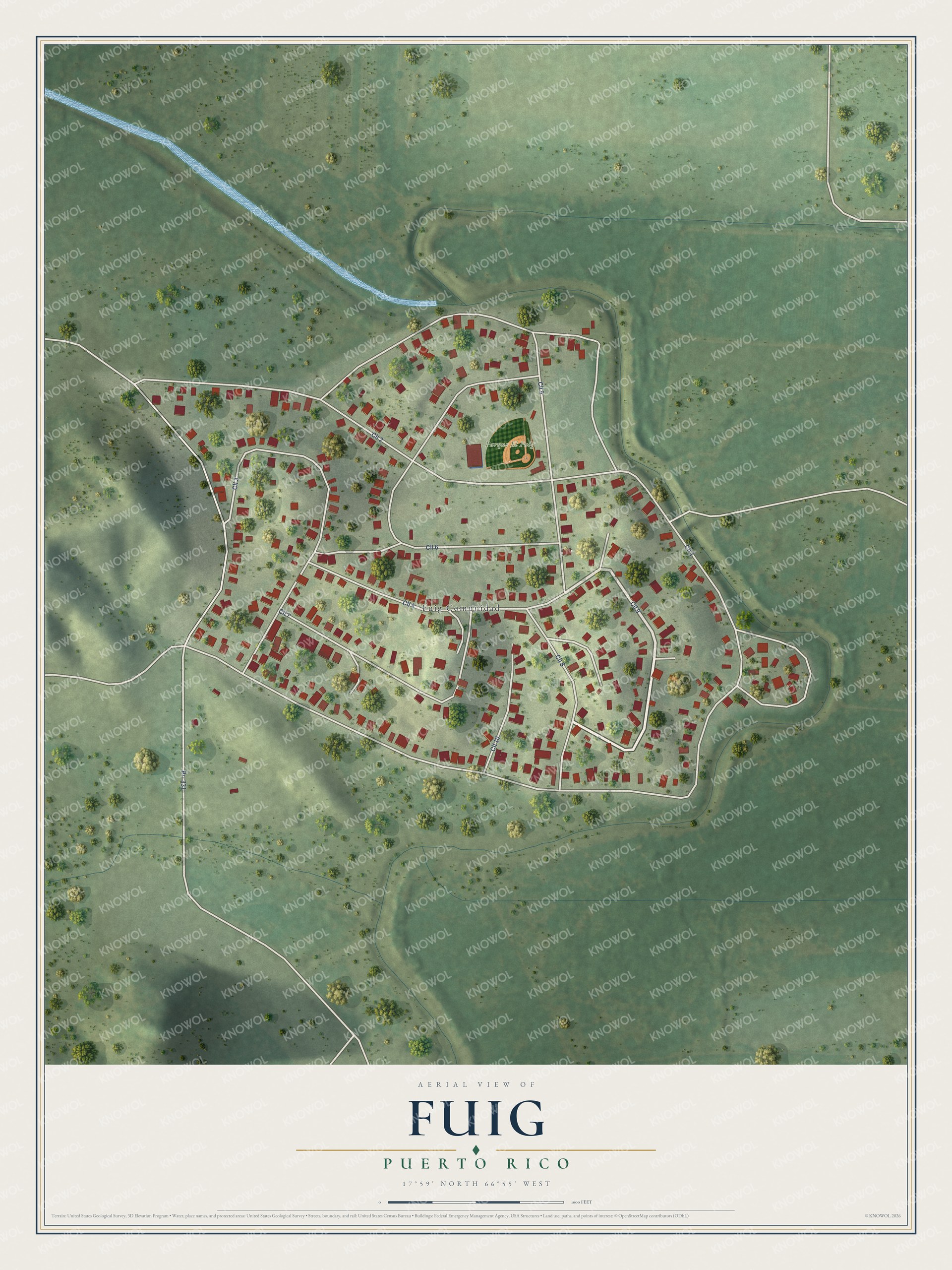 Full map of Fuig, Puerto Rico, with red buildings, printed street names and the land around them