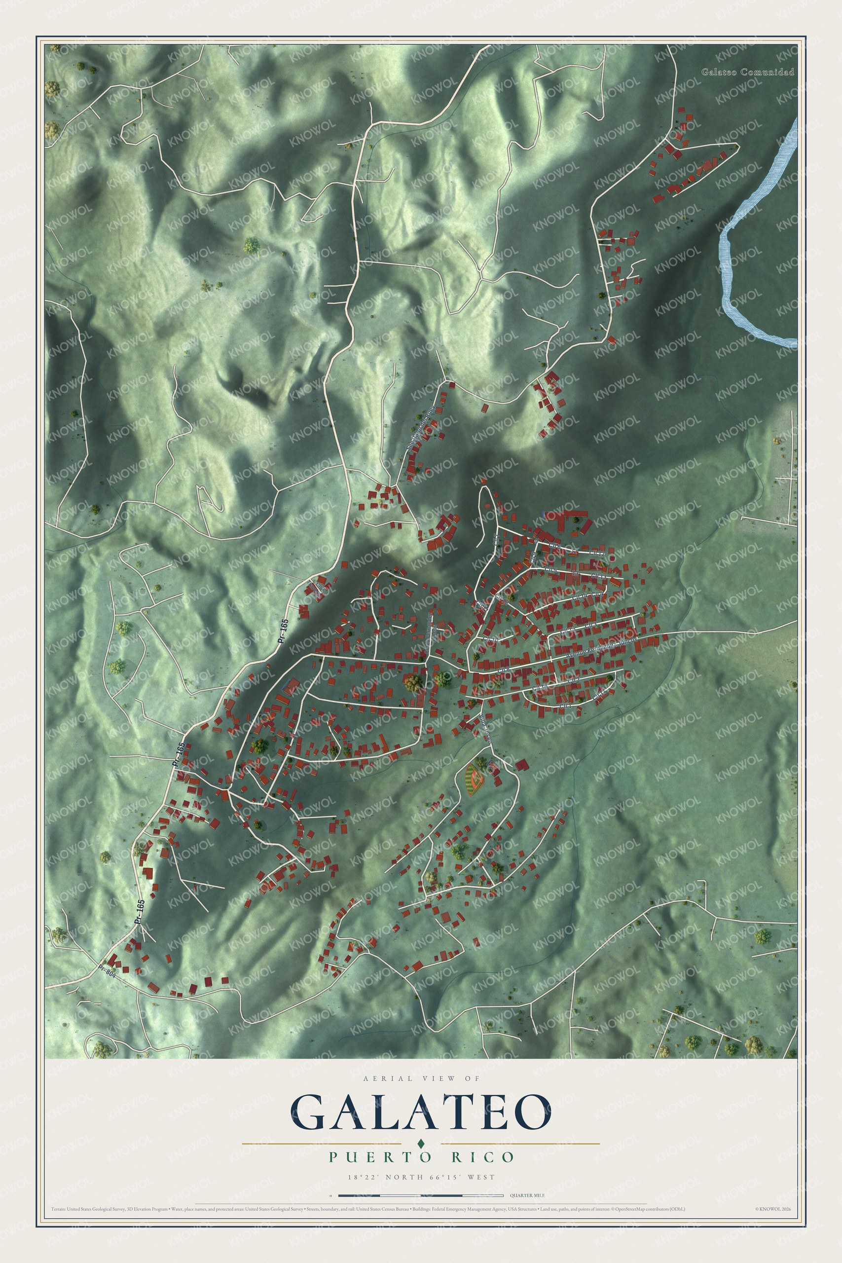 Full map of Galateo, Puerto Rico, with red buildings, printed street names and the land around them