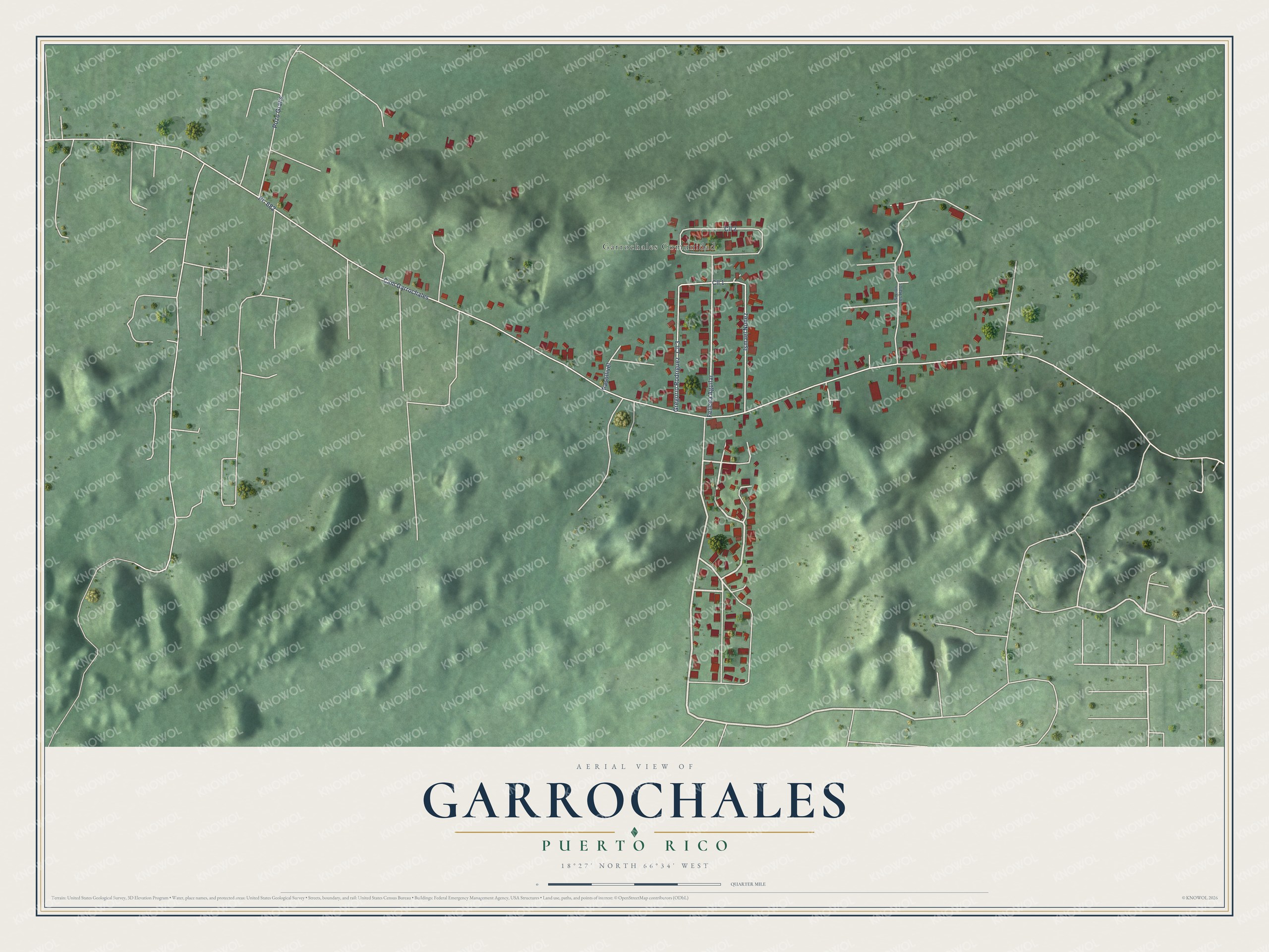 Full map of Garrochales, Puerto Rico, with red buildings, printed street names and the land around them