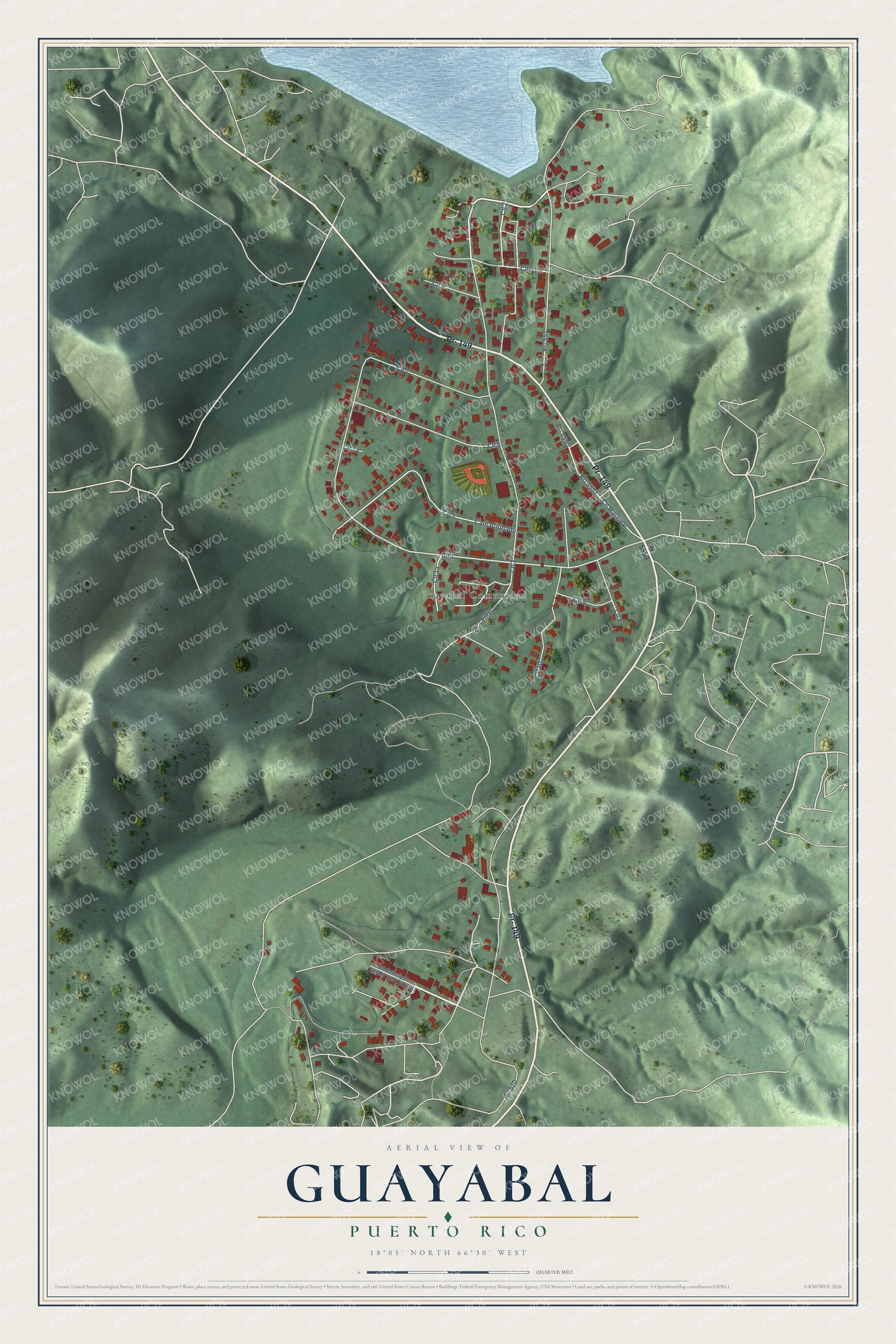 Full map of Guayabal, Puerto Rico, with red buildings, printed street names and the land around them