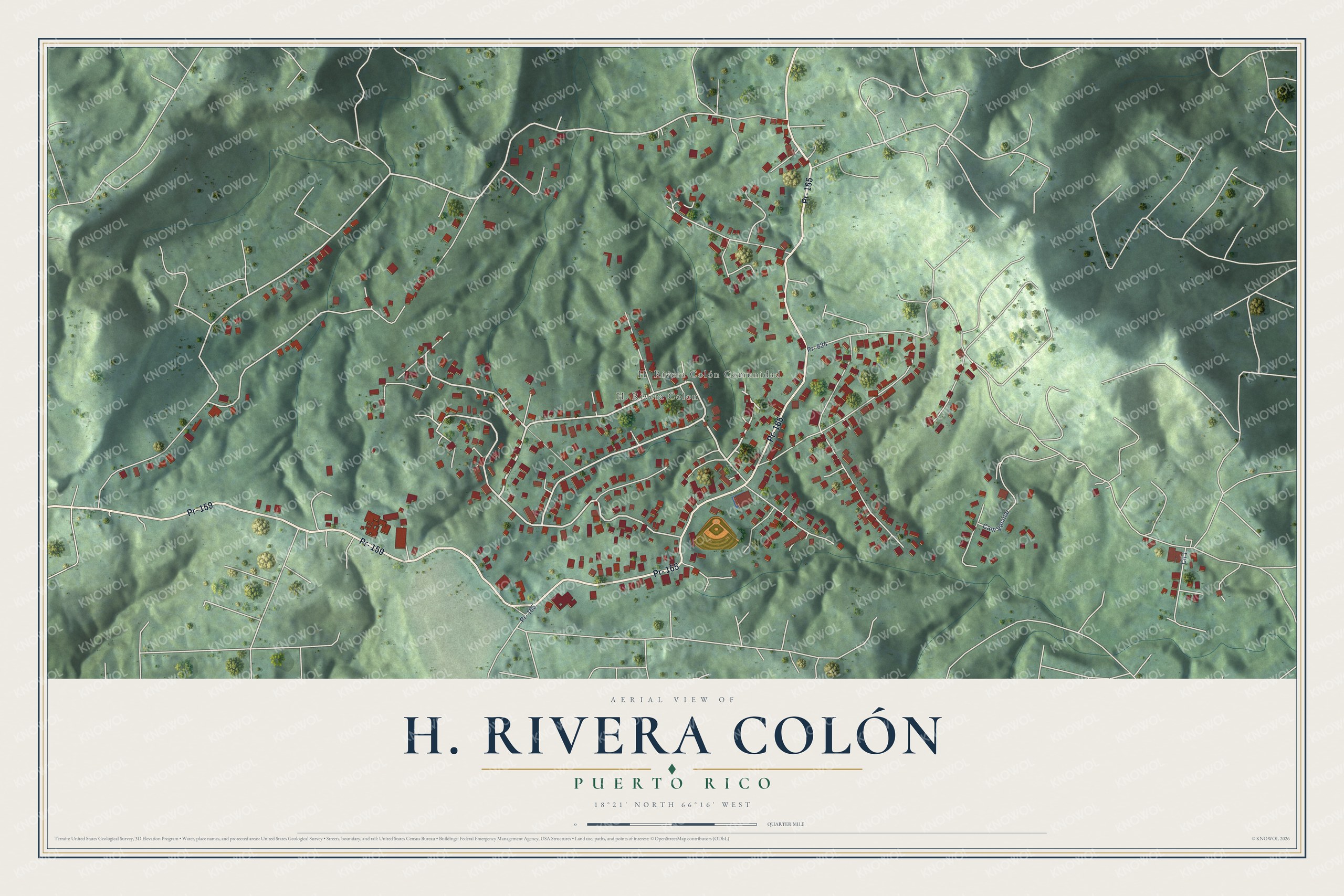 Full map of H. Rivera Colón, Puerto Rico, with red buildings, printed street names and the land around them