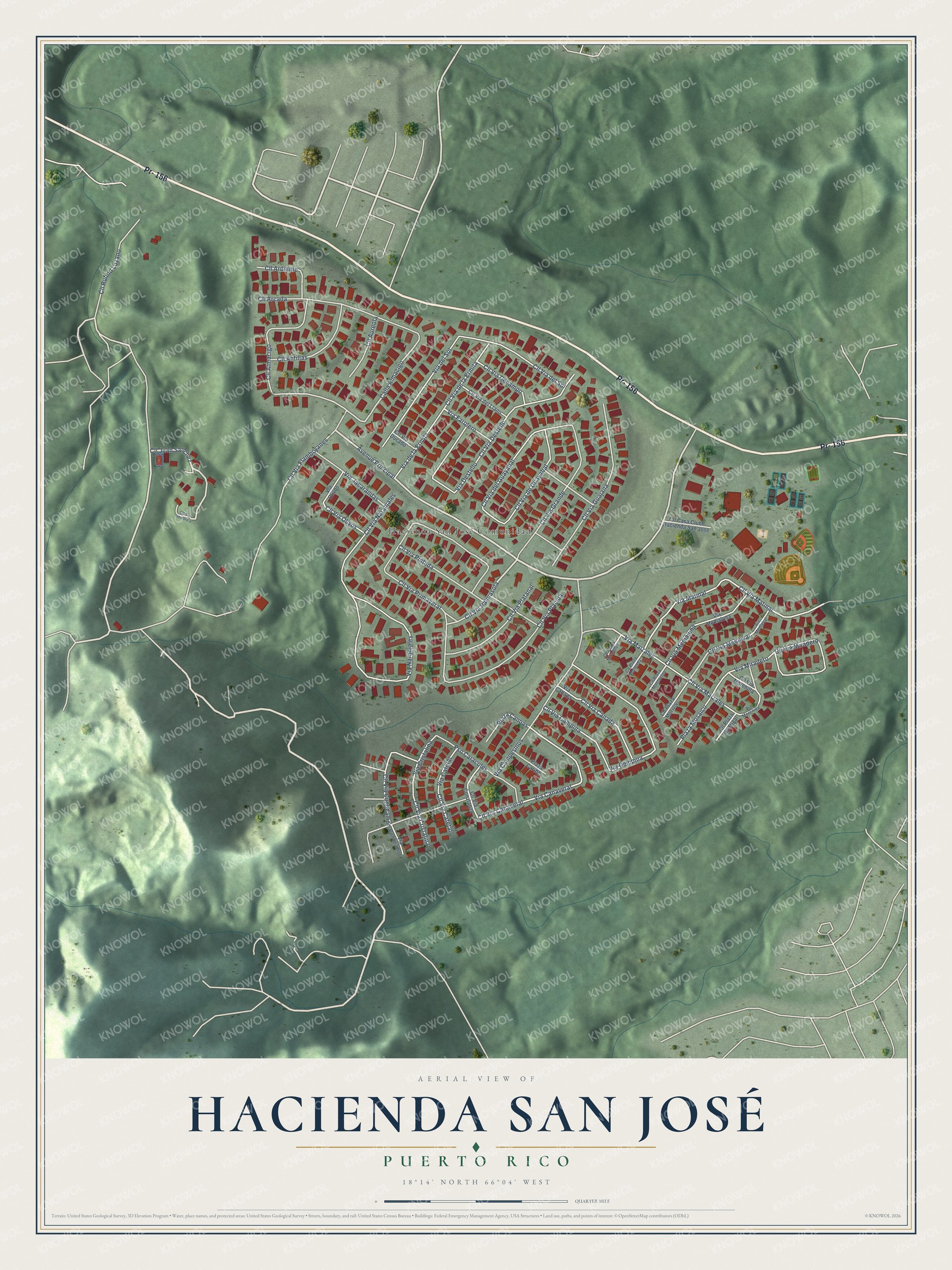 Full map of Hacienda San José, Puerto Rico, with red buildings, printed street names and the land around them