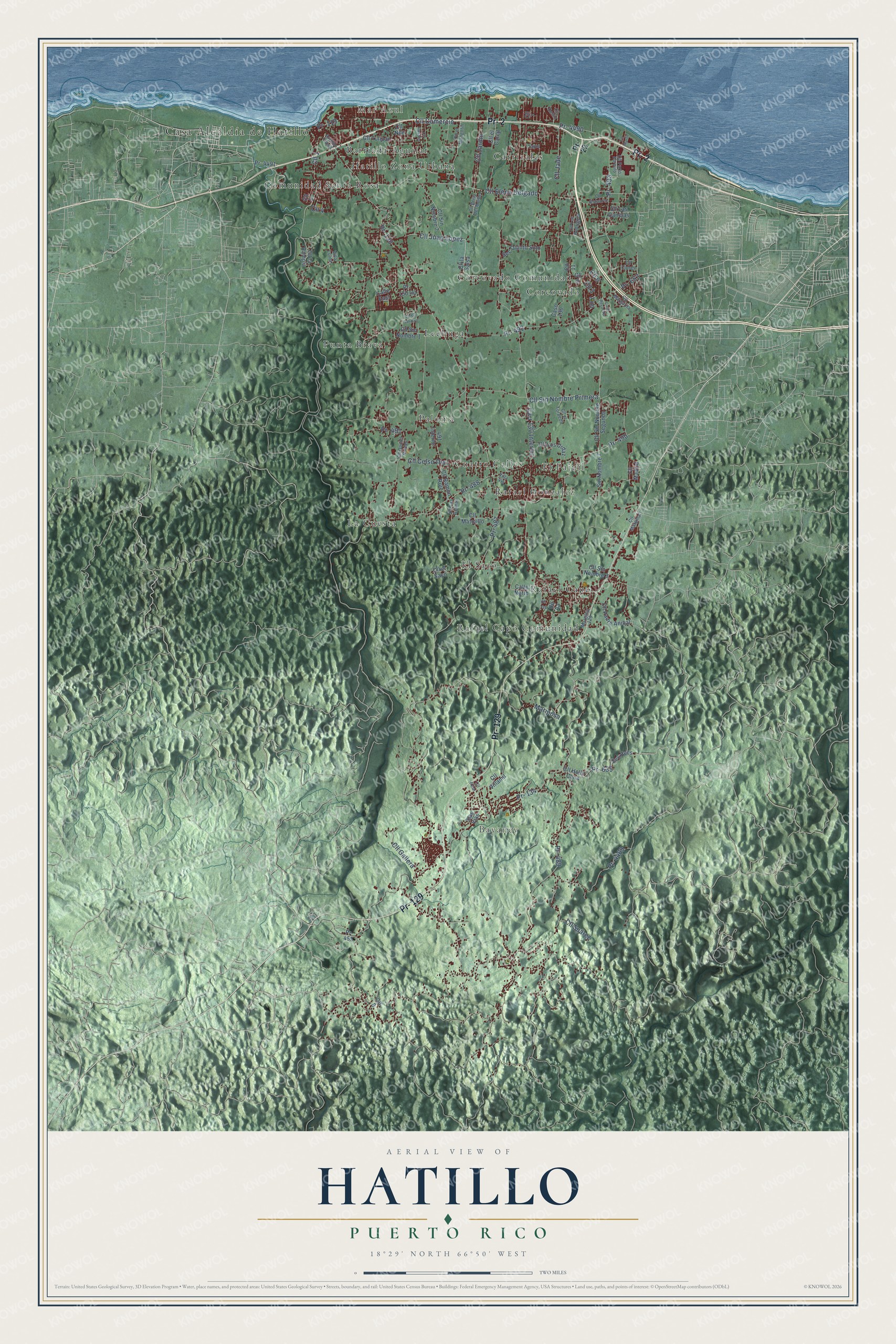 Full map of Hatillo, Puerto Rico, with red buildings, printed street names and the land around them