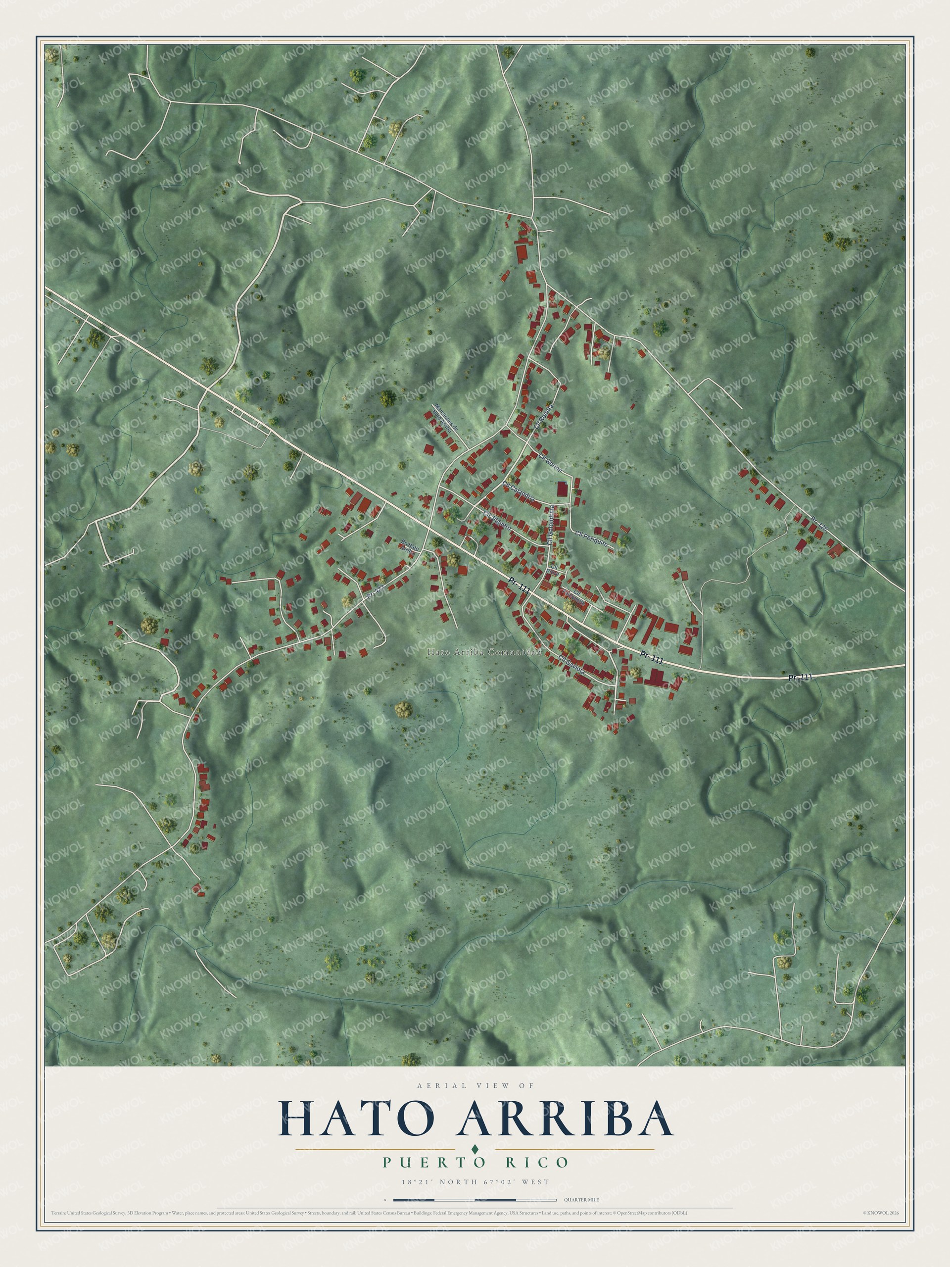 Full map of Hato Arriba, Puerto Rico, with red buildings, printed street names and the land around them