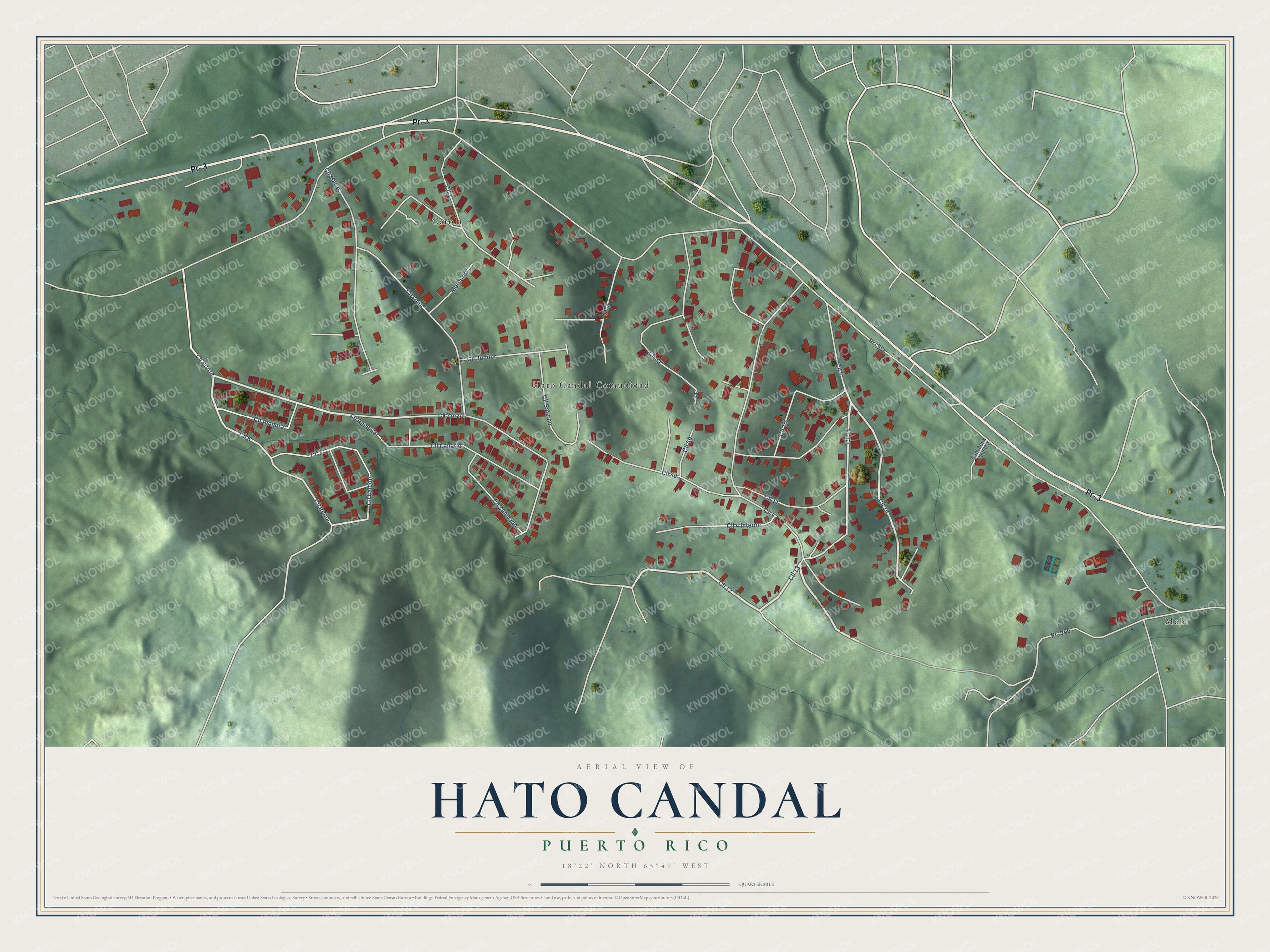 Full map of Hato Candal, Puerto Rico, with red buildings, printed street names and the land around them