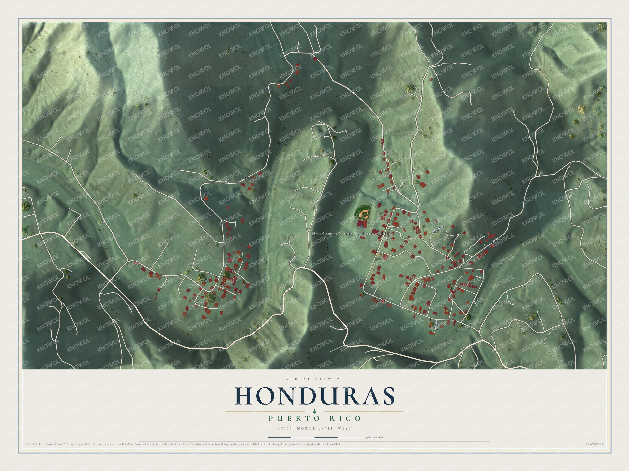 Full map of Honduras, Puerto Rico, with red buildings, printed street names and the land around them