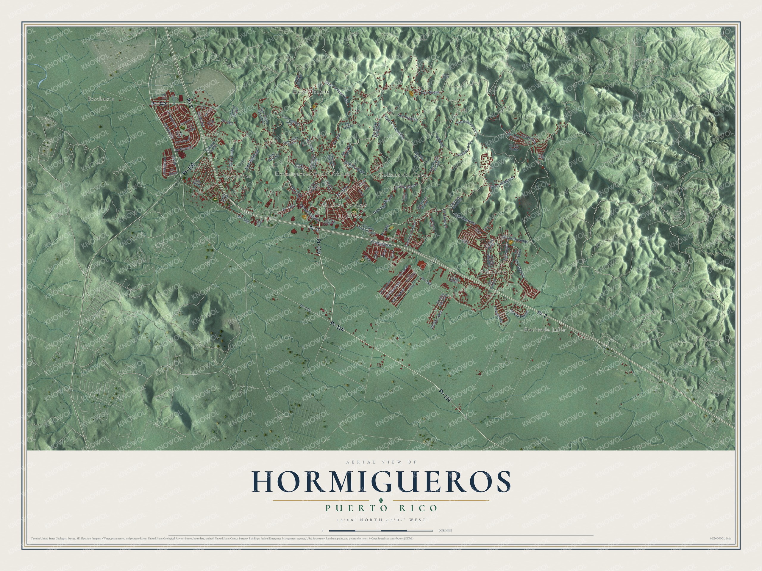 Full map of Hormigueros, Puerto Rico, with red buildings, printed street names and the land around them