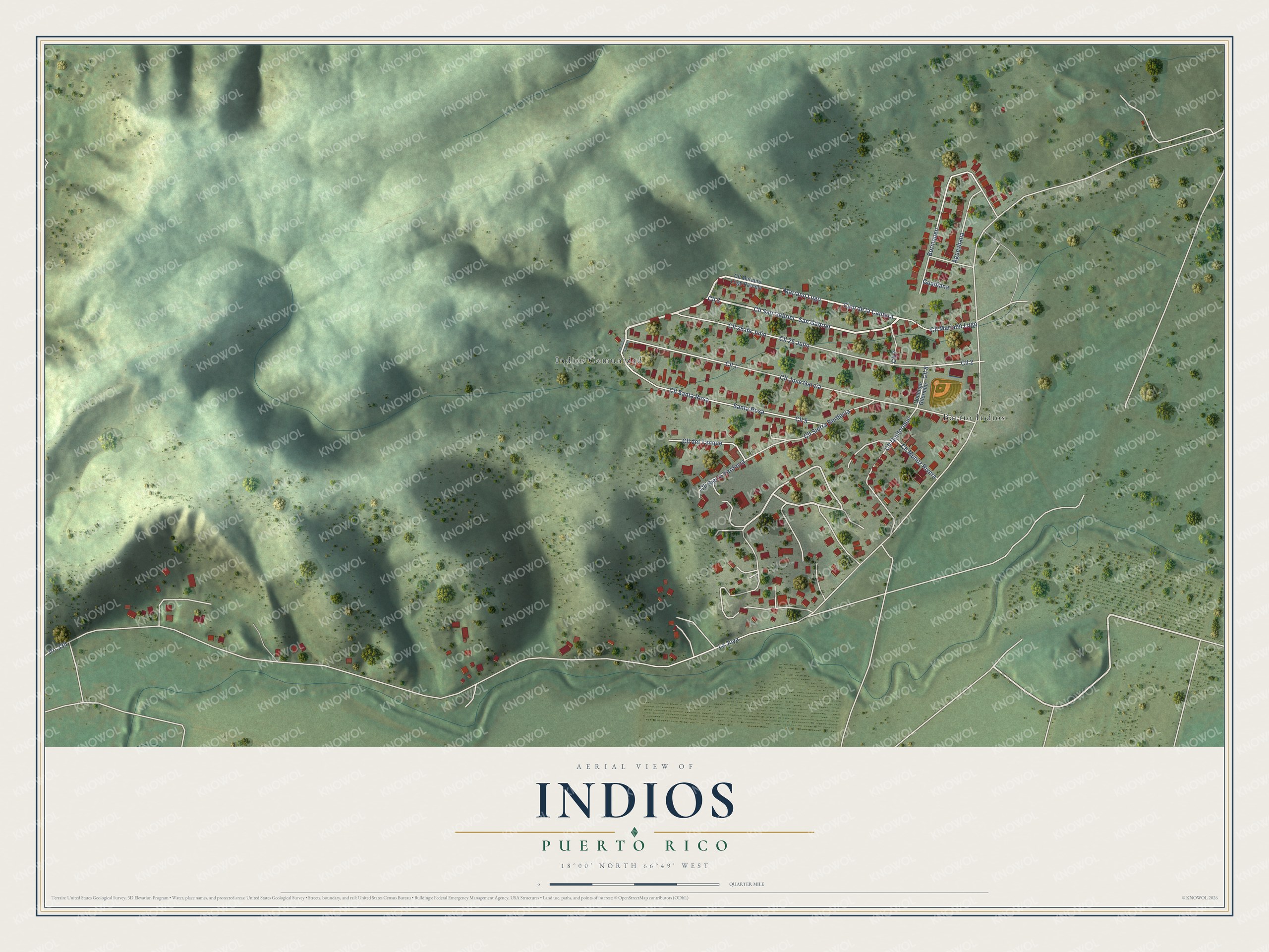 Full map of Indios, Puerto Rico, with red buildings, printed street names and the land around them