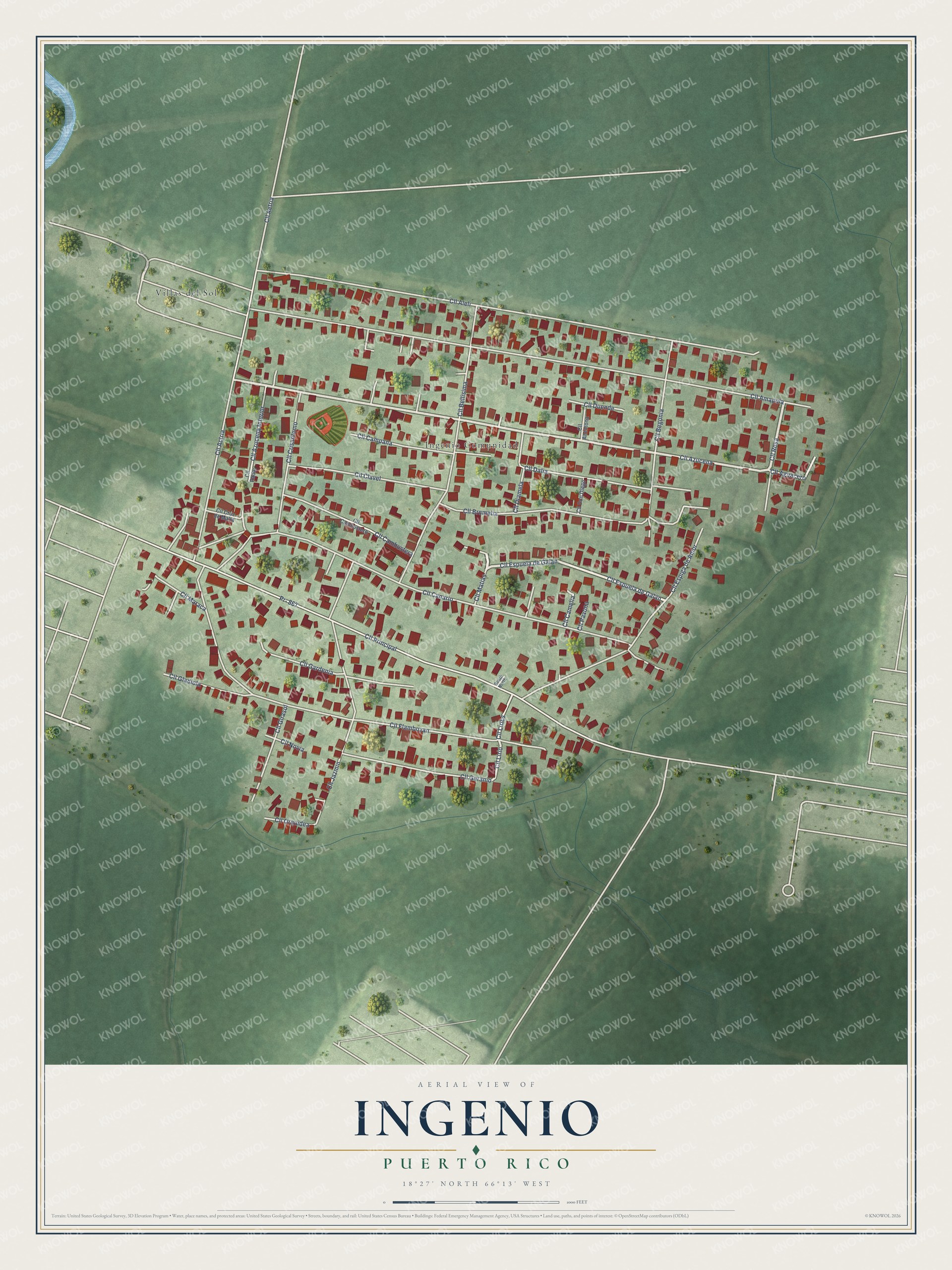 Full map of Ingenio, Puerto Rico, with red buildings, printed street names and the land around them