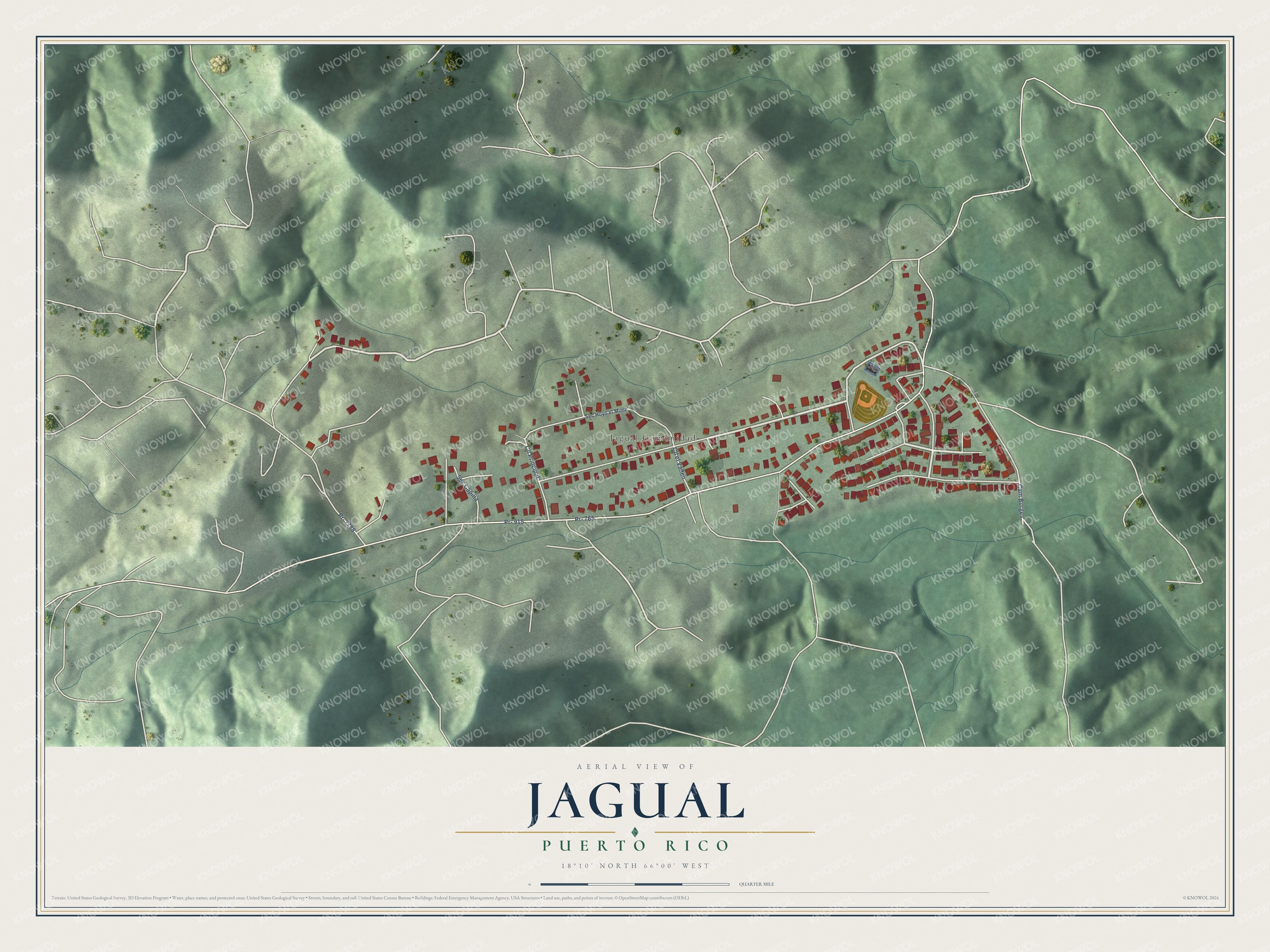 Full map of Jagual, Puerto Rico, with red buildings, printed street names and the land around them