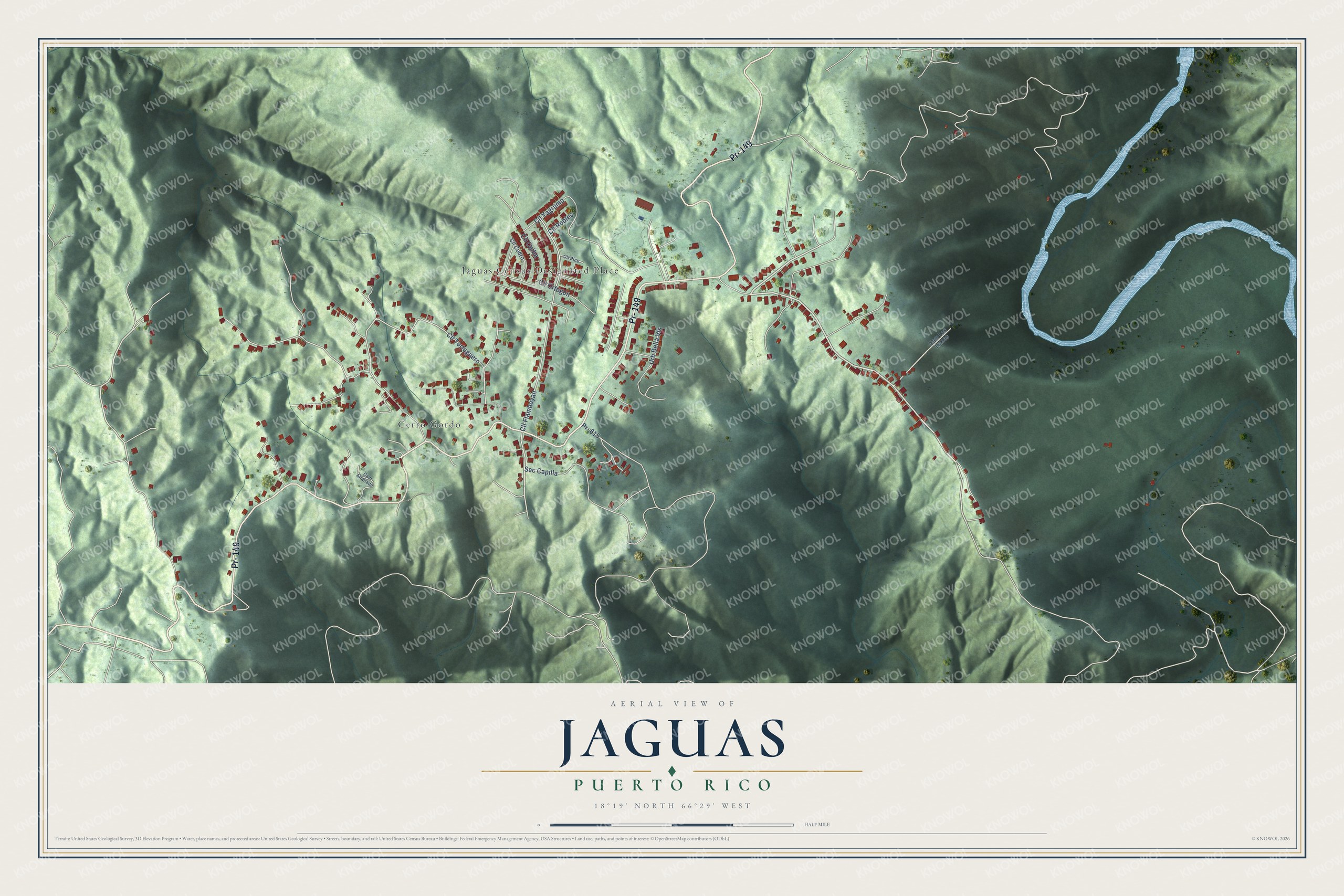Full map of Jaguas, Puerto Rico, with red buildings, printed street names and the land around them