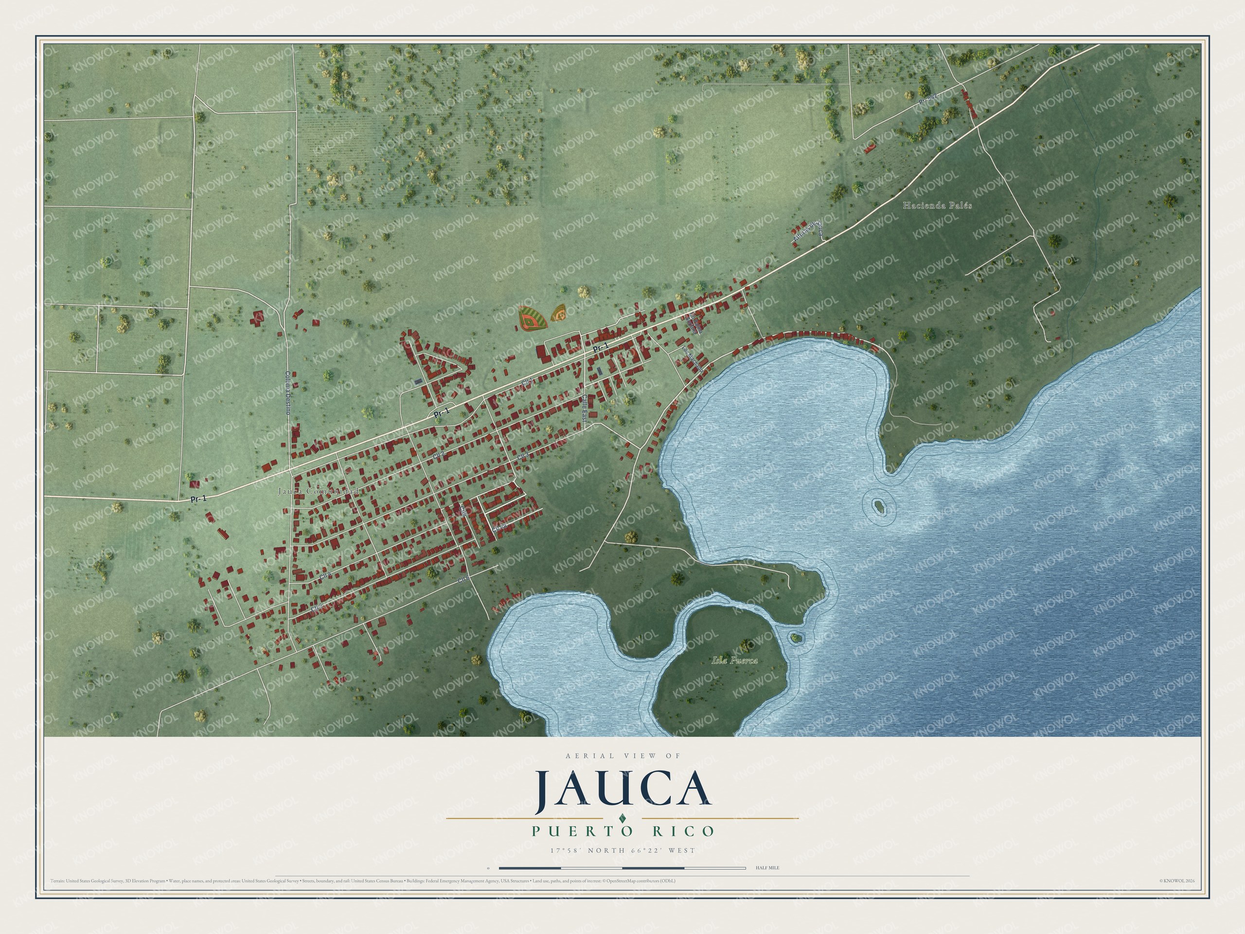 Full map of Jauca, Puerto Rico, with red buildings, printed street names and the land around them