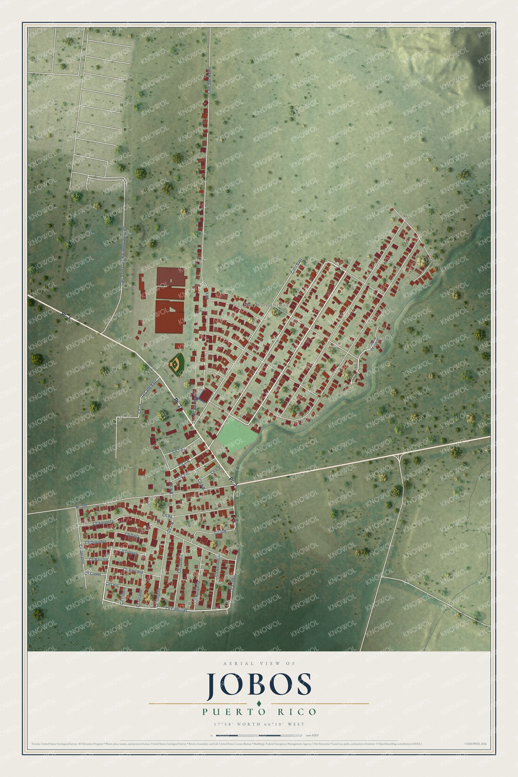 Full map of Jobos, Puerto Rico, with red buildings, printed street names and the land around them