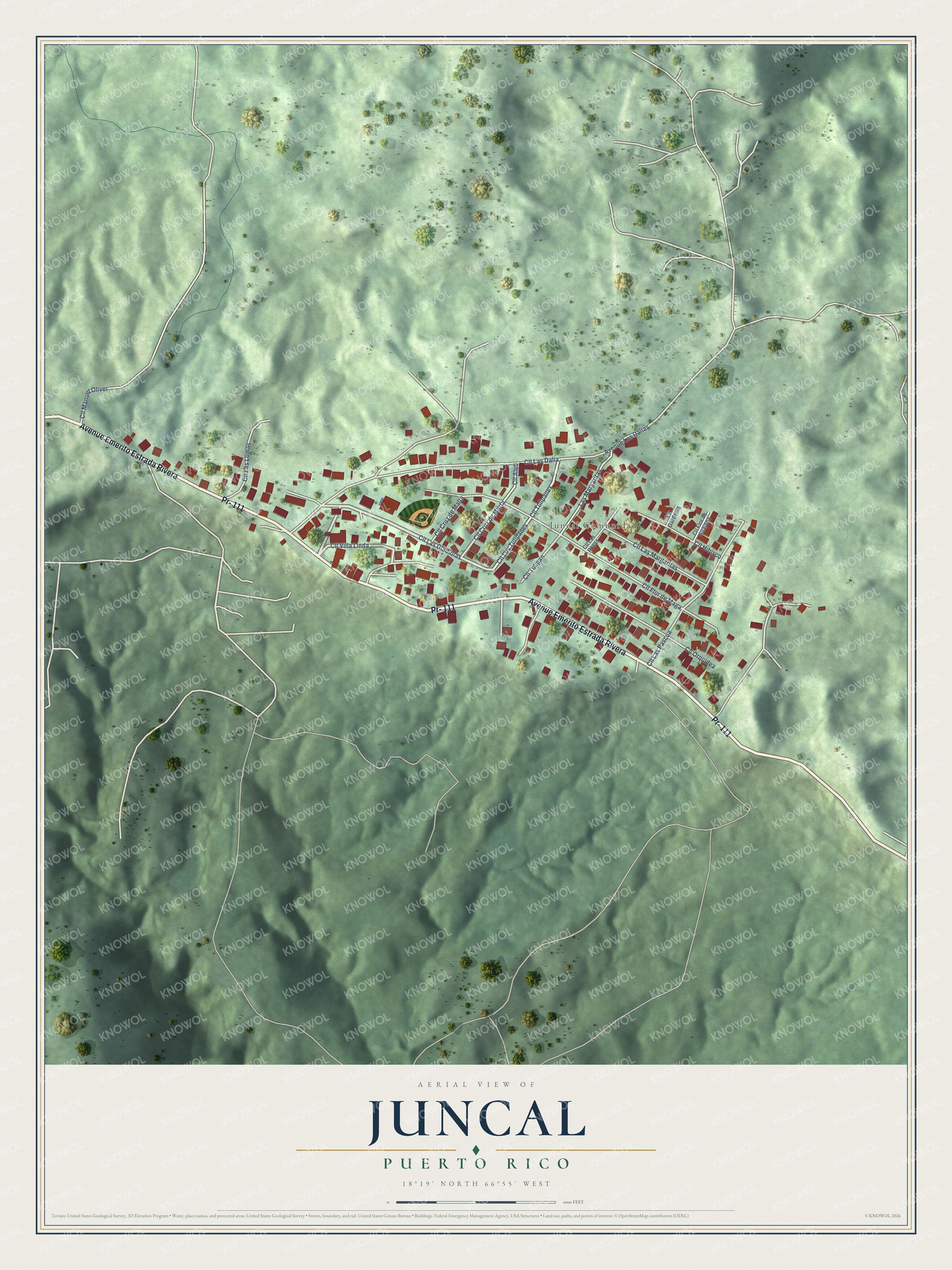 Full map of Juncal, Puerto Rico, with red buildings, printed street names and the land around them
