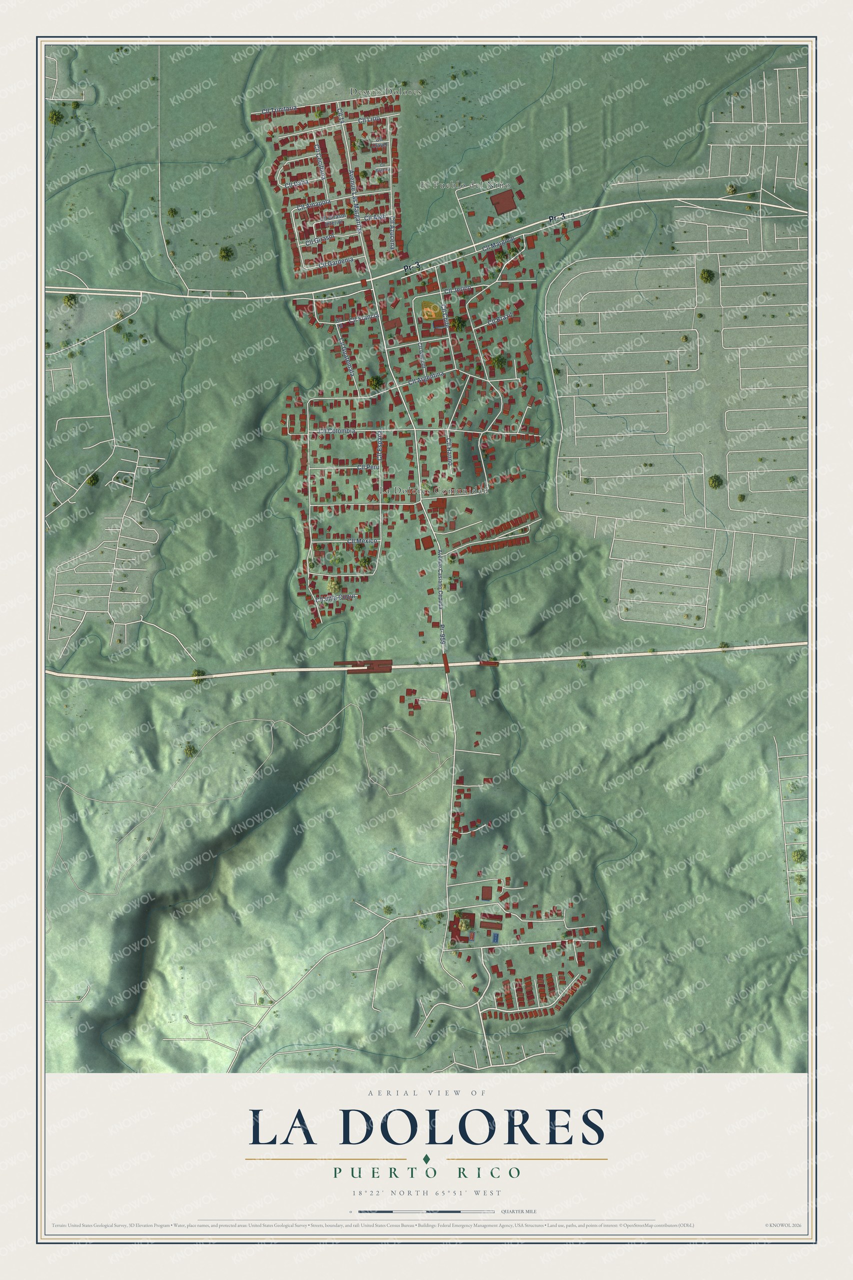 Full map of La Dolores, Puerto Rico, with red buildings, printed street names and the land around them