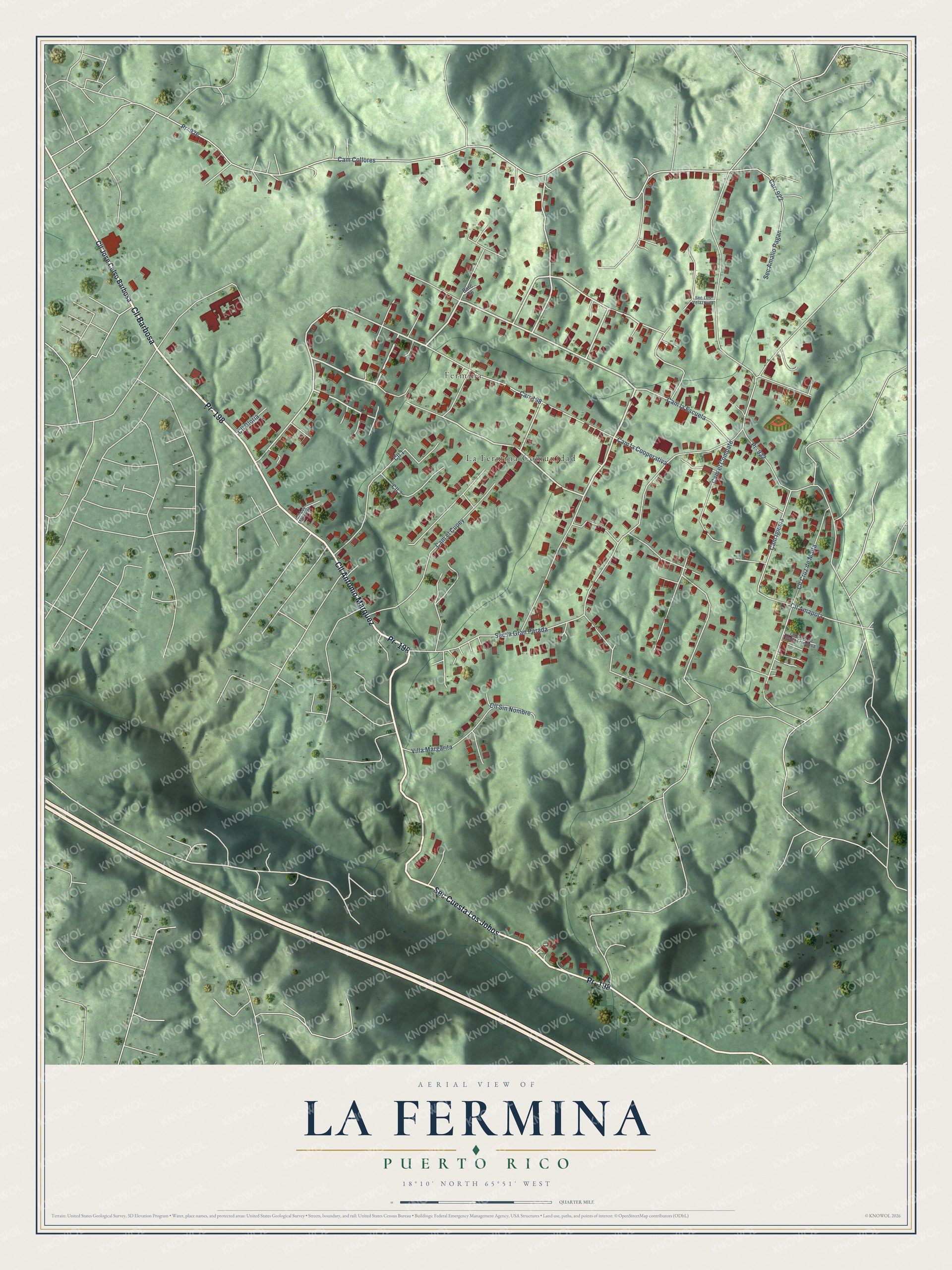 Full map of La Fermina, Puerto Rico, with red buildings, printed street names and the land around them