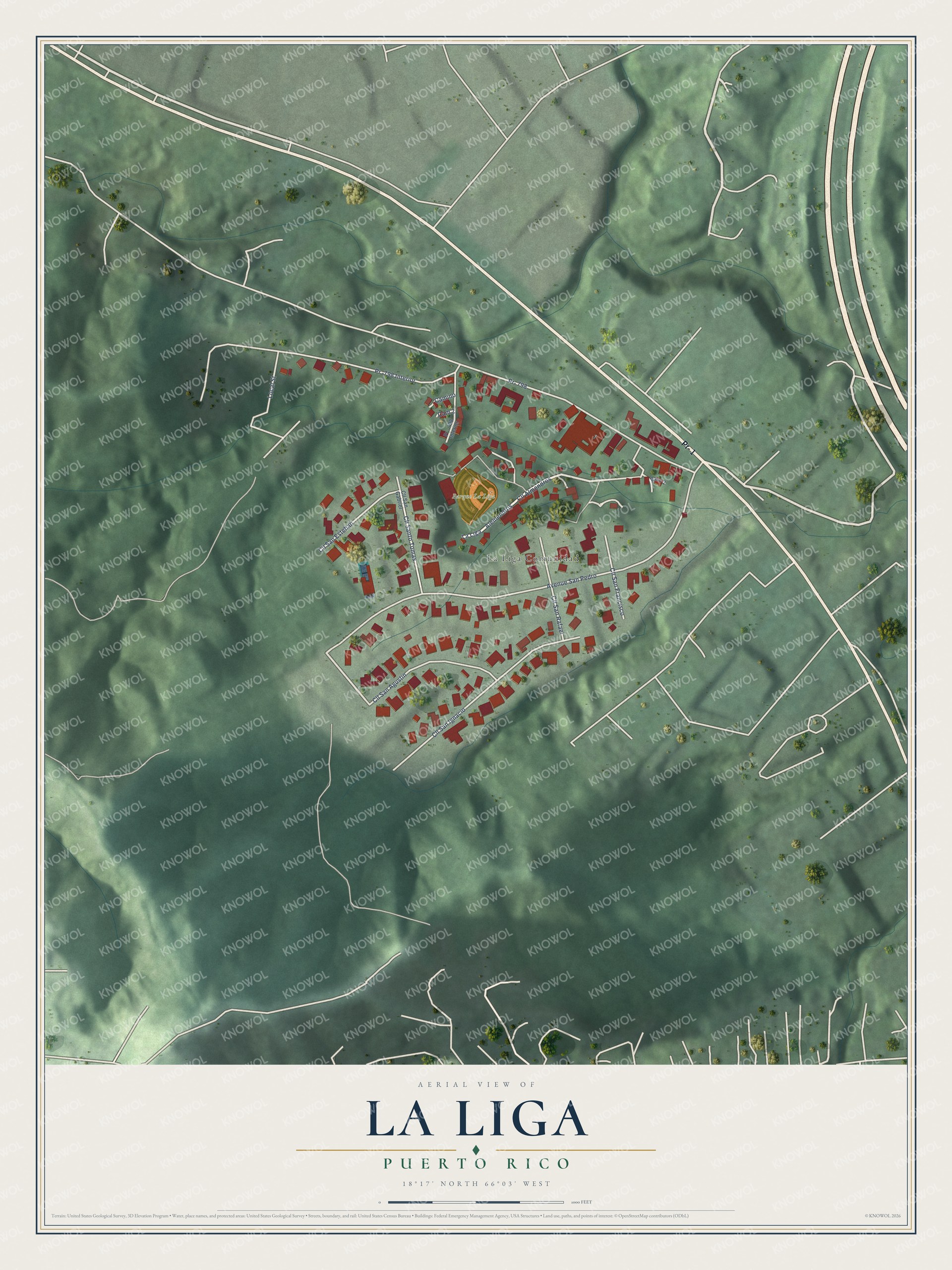 Full map of La Liga, Puerto Rico, with red buildings, printed street names and the land around them