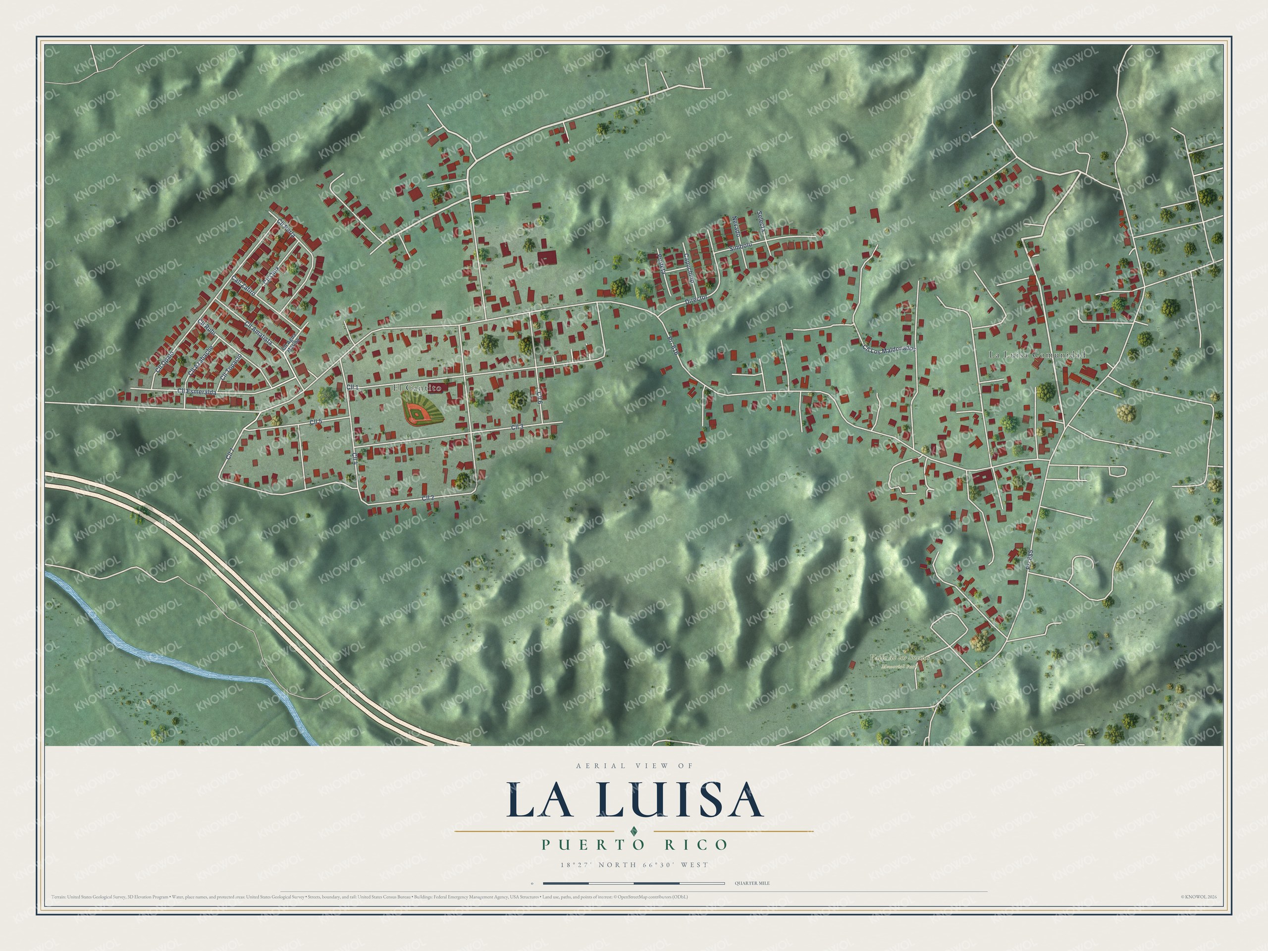 Full map of La Luisa, Puerto Rico, with red buildings, printed street names and the land around them