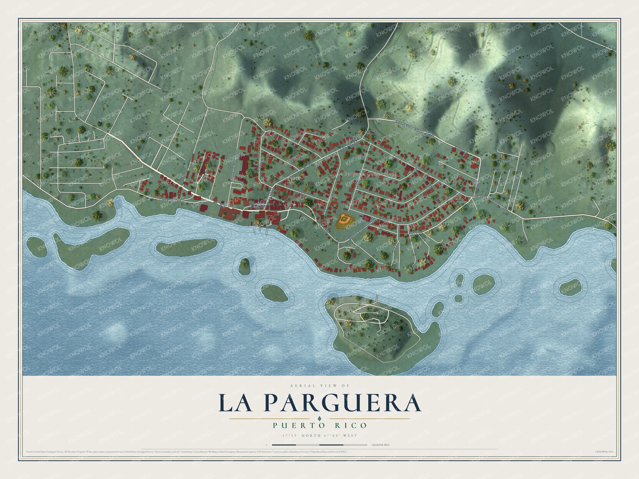 Full map of La Parguera, Puerto Rico, with red buildings, printed street names and the land around them