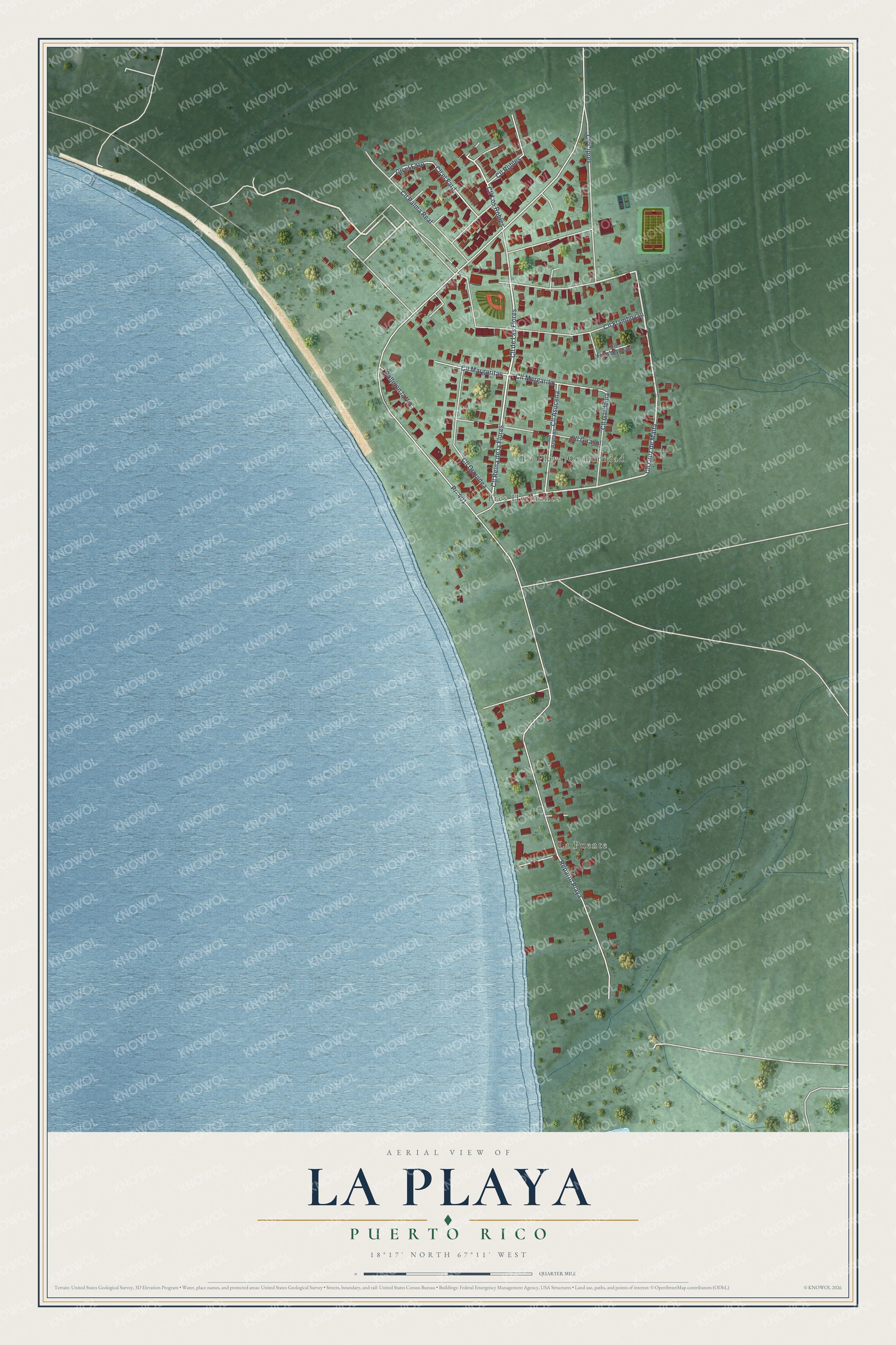 Full map of La Playa, Puerto Rico, with red buildings, printed street names and the land around them