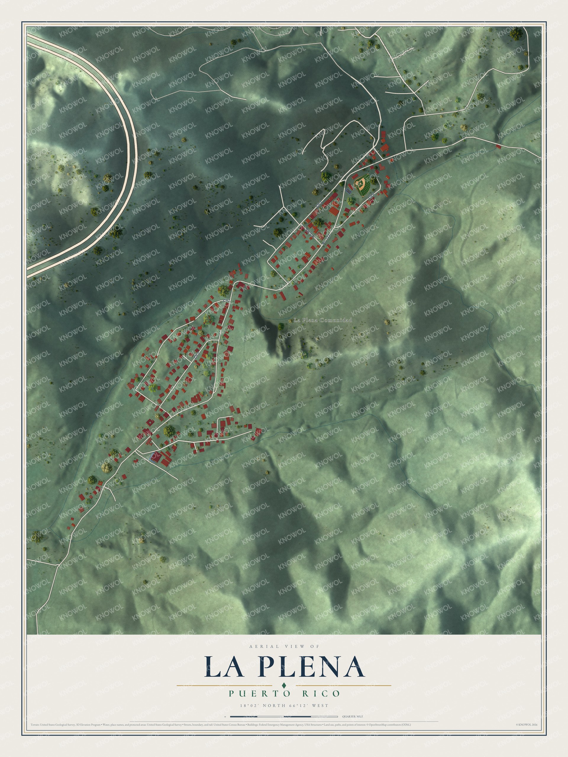 Full map of La Plena, Puerto Rico, with red buildings, printed street names and the land around them