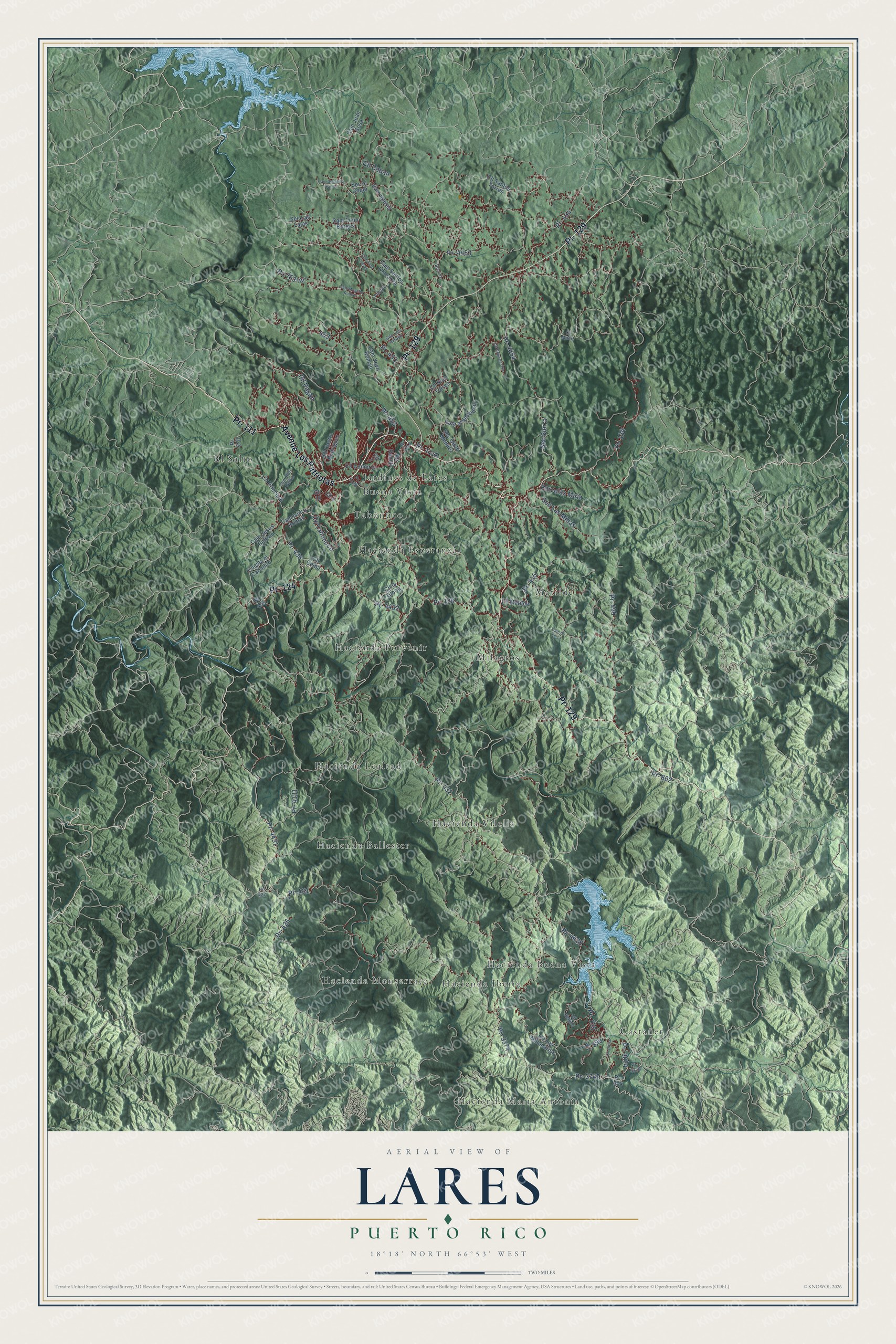 Full map of Lares, Puerto Rico, with red buildings, printed street names and the land around them