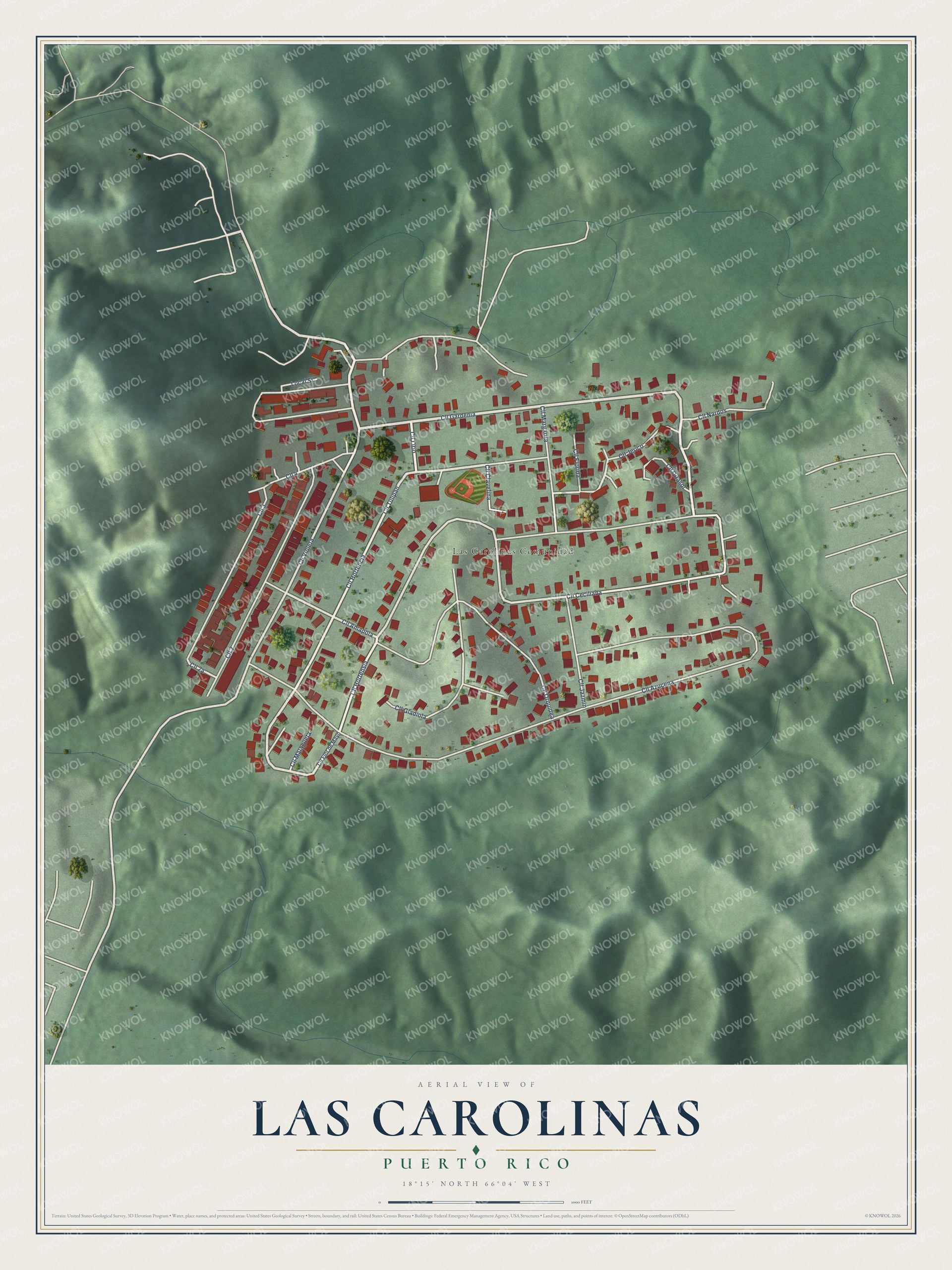 Full map of Las Carolinas, Puerto Rico, with red buildings, printed street names and the land around them