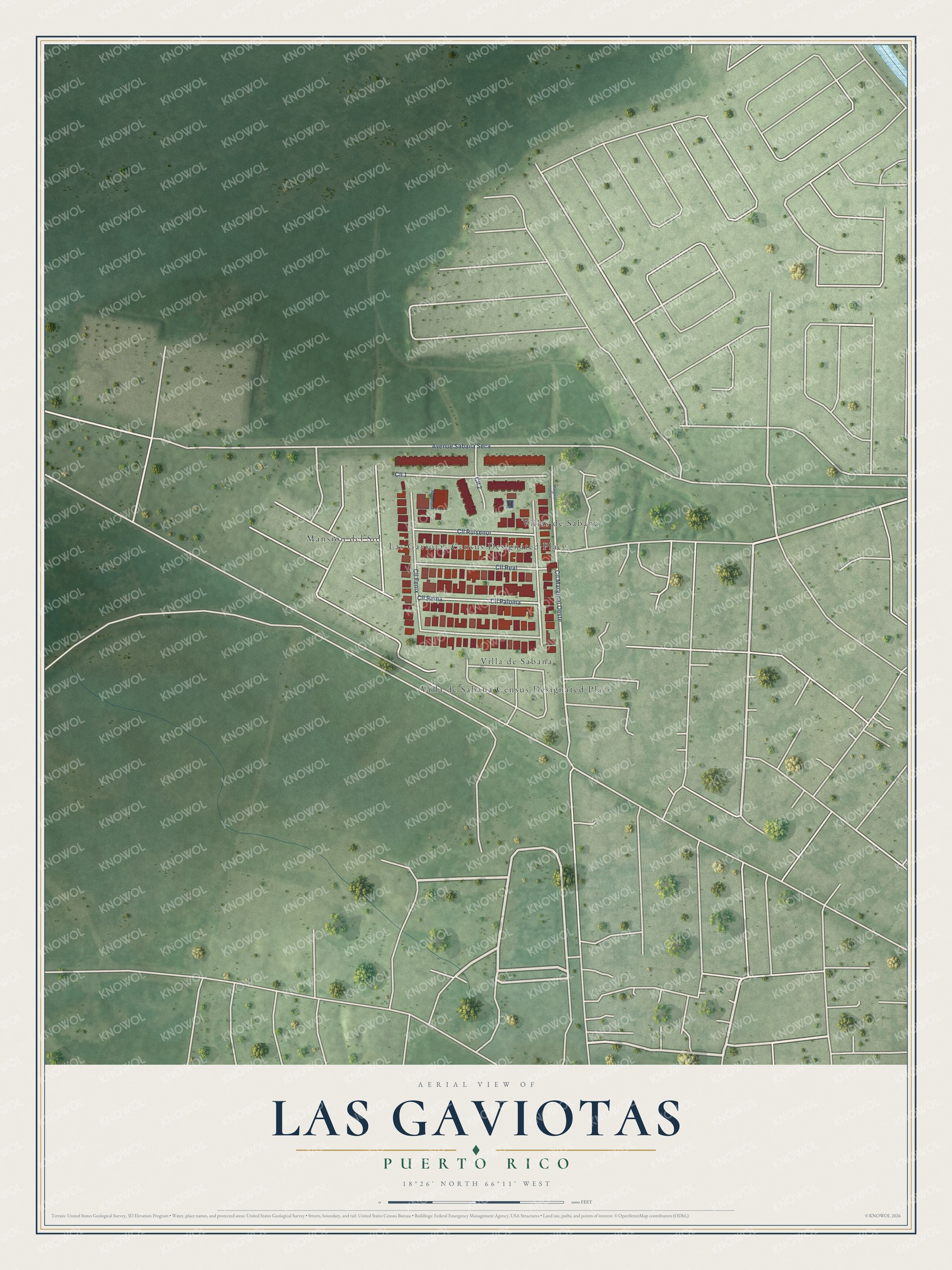 Full map of Las Gaviotas, Puerto Rico, with red buildings, printed street names and the land around them